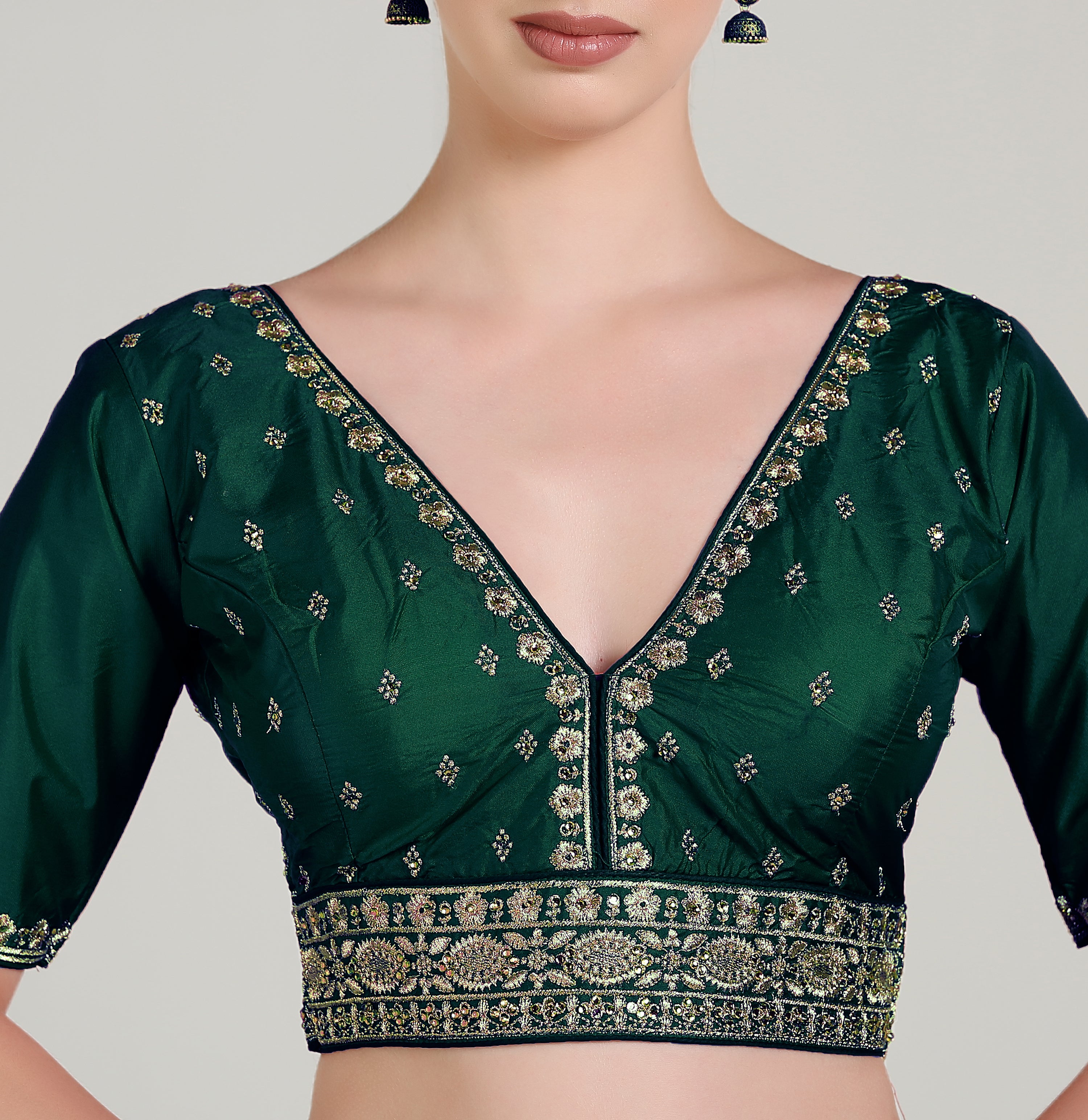 Pujia Mills Woman Readymade Blouse Ethnic wear deep V Neck Classic butti Designer Saree Blouse Half Sleeve Dark Color Blouse Online Embroidery zari Work with Diamond Work Border Blouse