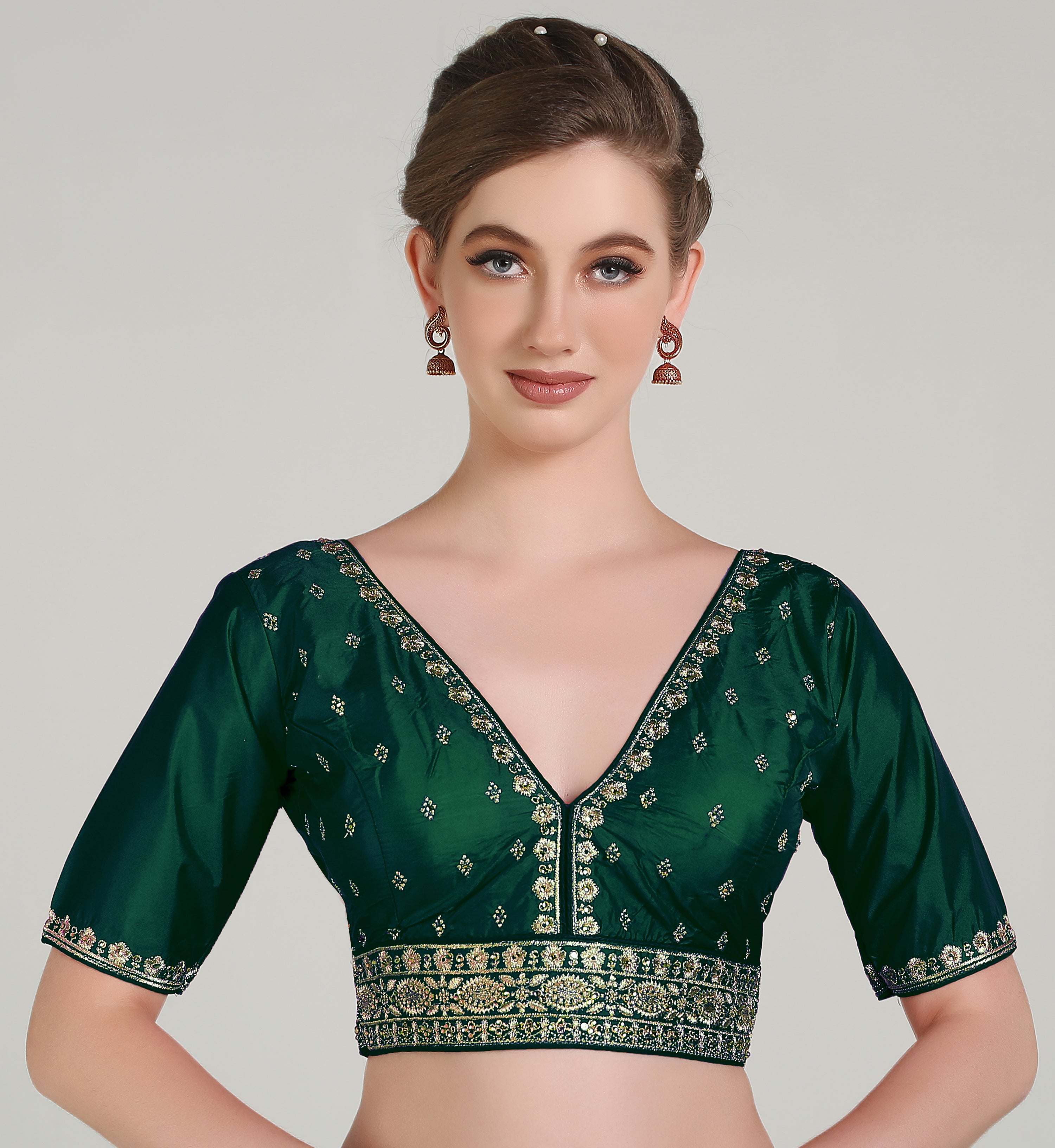 Pujia Mills Woman Readymade Blouse Ethnic wear deep V Neck Classic butti Designer Saree Blouse Half Sleeve Dark Color Blouse Online Embroidery zari Work with Diamond Work Border Blouse