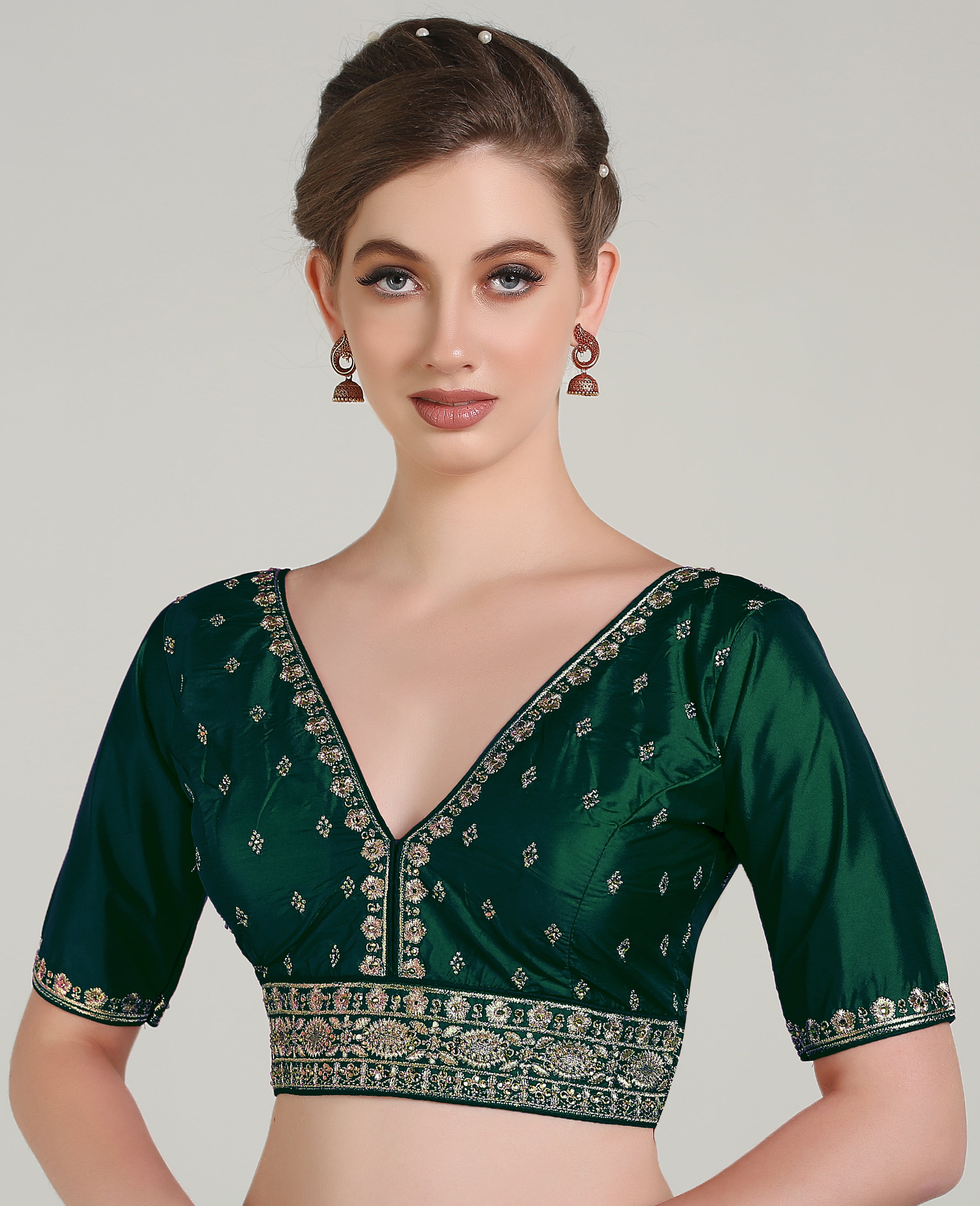 Pujia Mills Woman Readymade Blouse Ethnic wear deep V Neck Classic butti Designer Saree Blouse Half Sleeve Dark Color Blouse Online Embroidery zari Work with Diamond Work Border Blouse