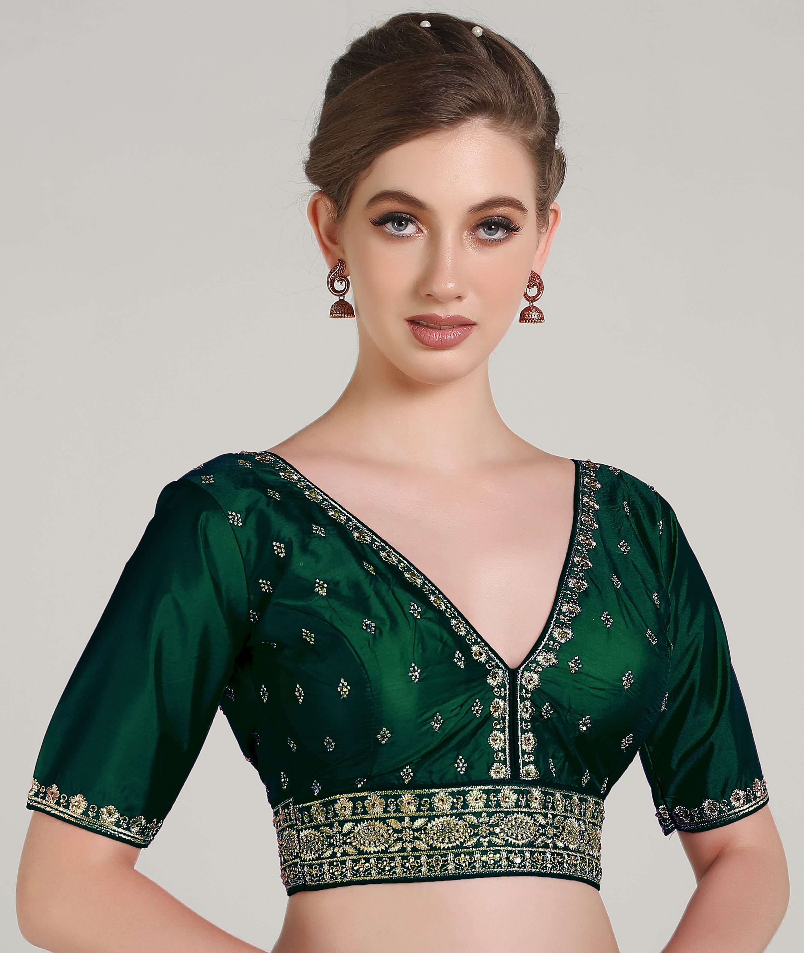 Pujia Mills Woman Readymade Blouse Ethnic wear deep V Neck Classic butti Designer Saree Blouse Half Sleeve Dark Color Blouse Online Embroidery zari Work with Diamond Work Border Blouse