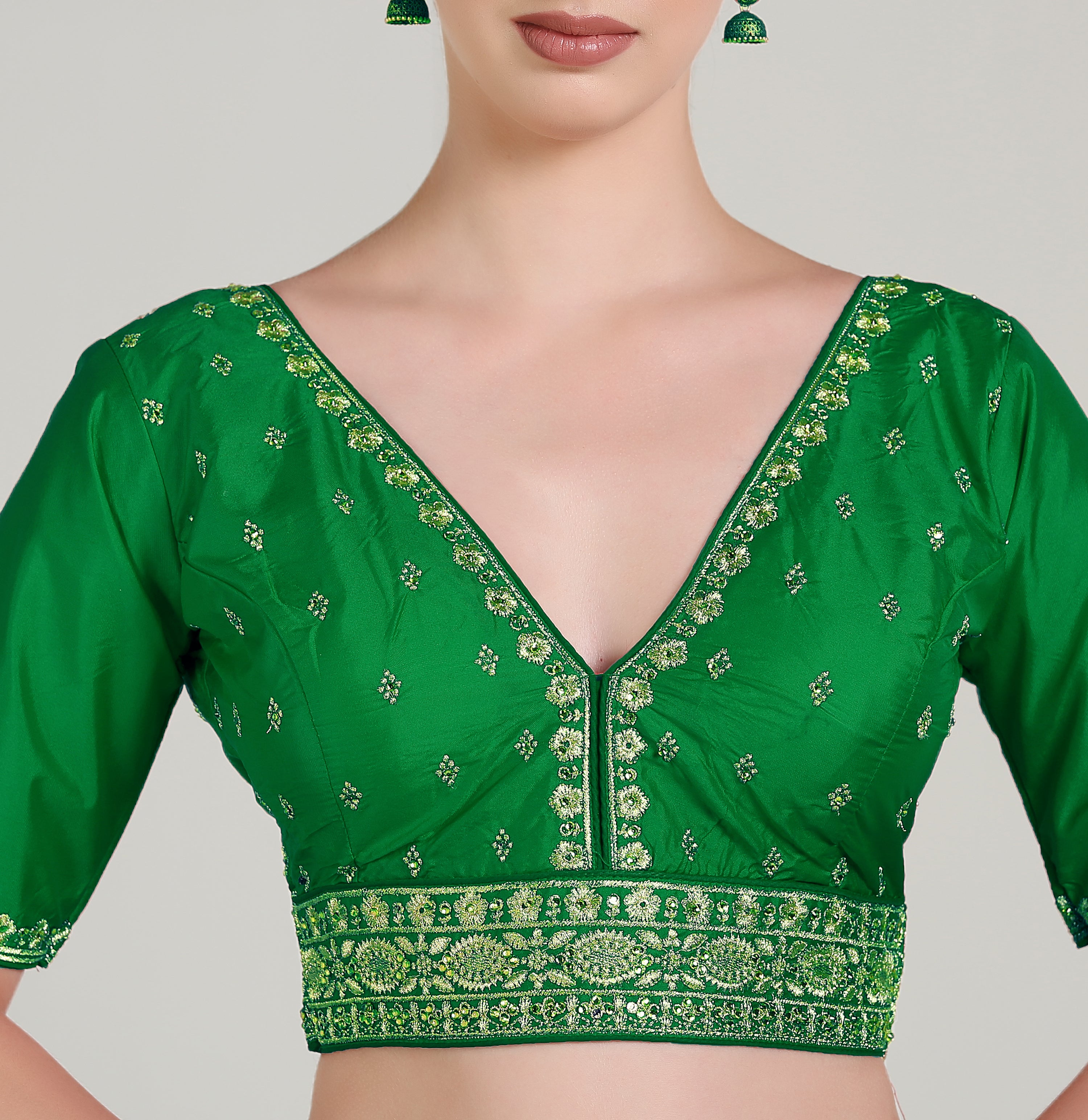 Pujia Mills Woman Readymade Blouse Ethnic wear deep V Neck Classic butti Designer Saree Blouse Half Sleeve Dark Color Blouse Online Embroidery zari Work with Diamond Work Border Blouse