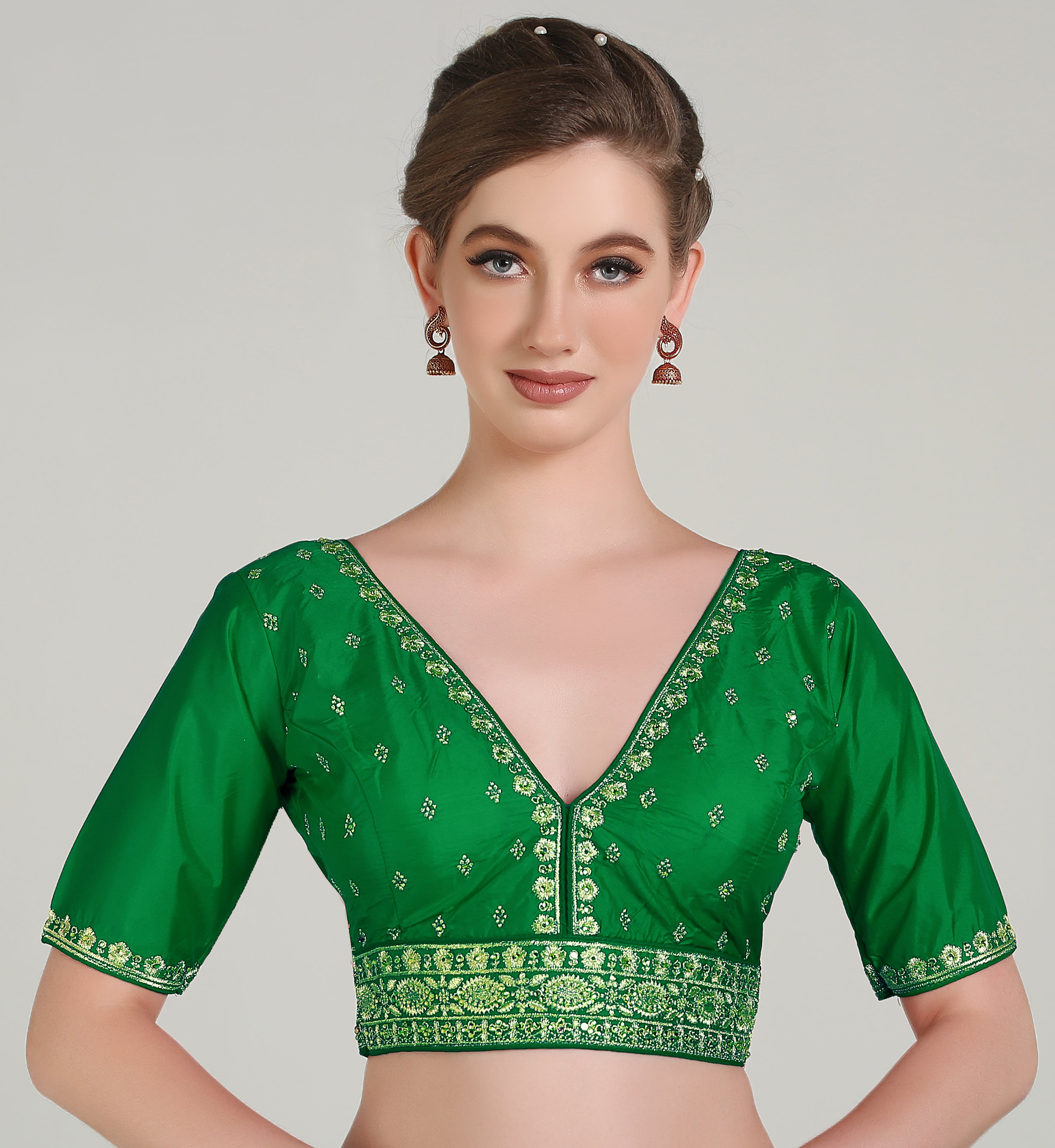 Pujia Mills Woman Readymade Blouse Ethnic wear deep V Neck Classic butti Designer Saree Blouse Half Sleeve Dark Color Blouse Online Embroidery zari Work with Diamond Work Border Blouse