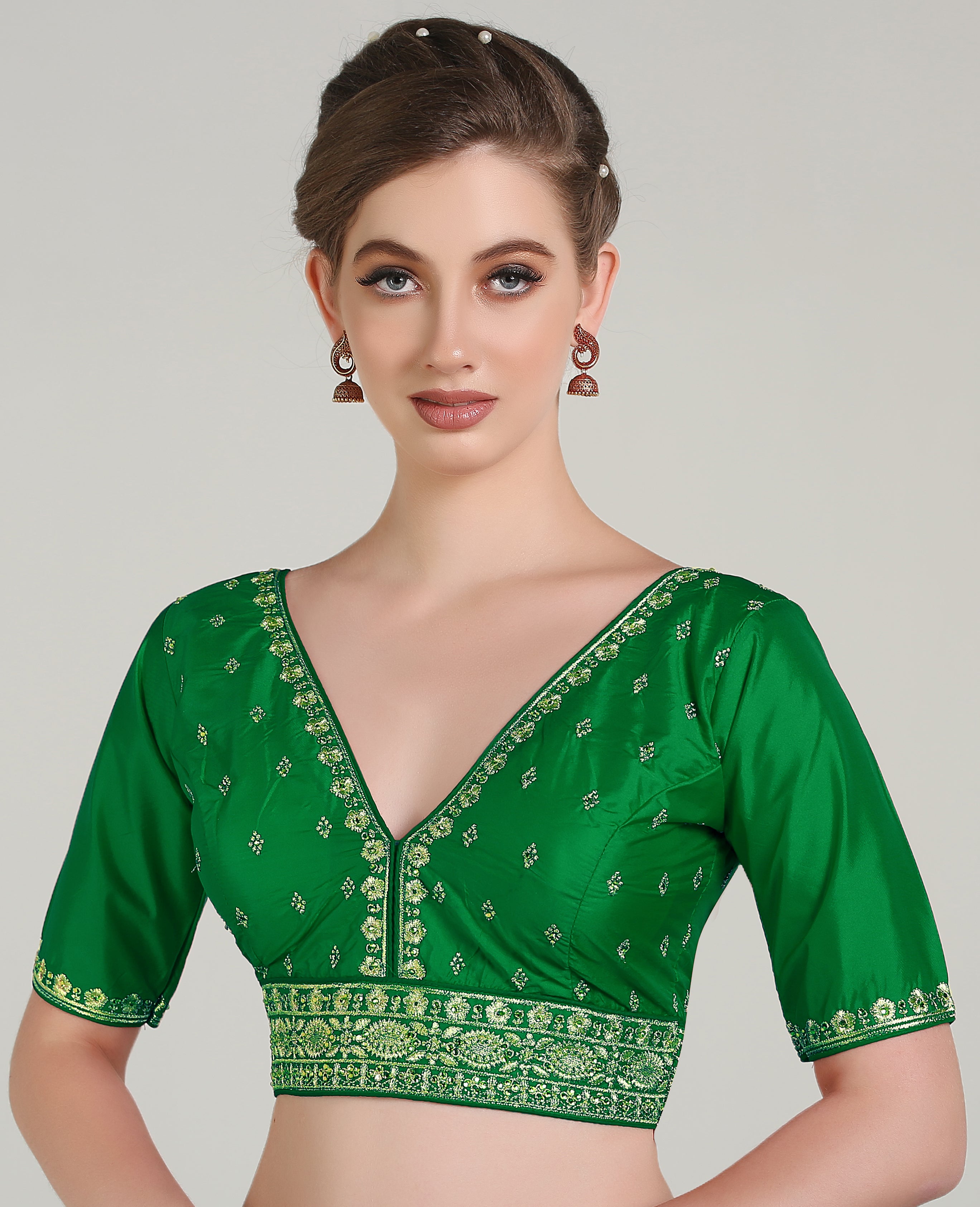 Pujia Mills Woman Readymade Blouse Ethnic wear deep V Neck Classic butti Designer Saree Blouse Half Sleeve Dark Color Blouse Online Embroidery zari Work with Diamond Work Border Blouse