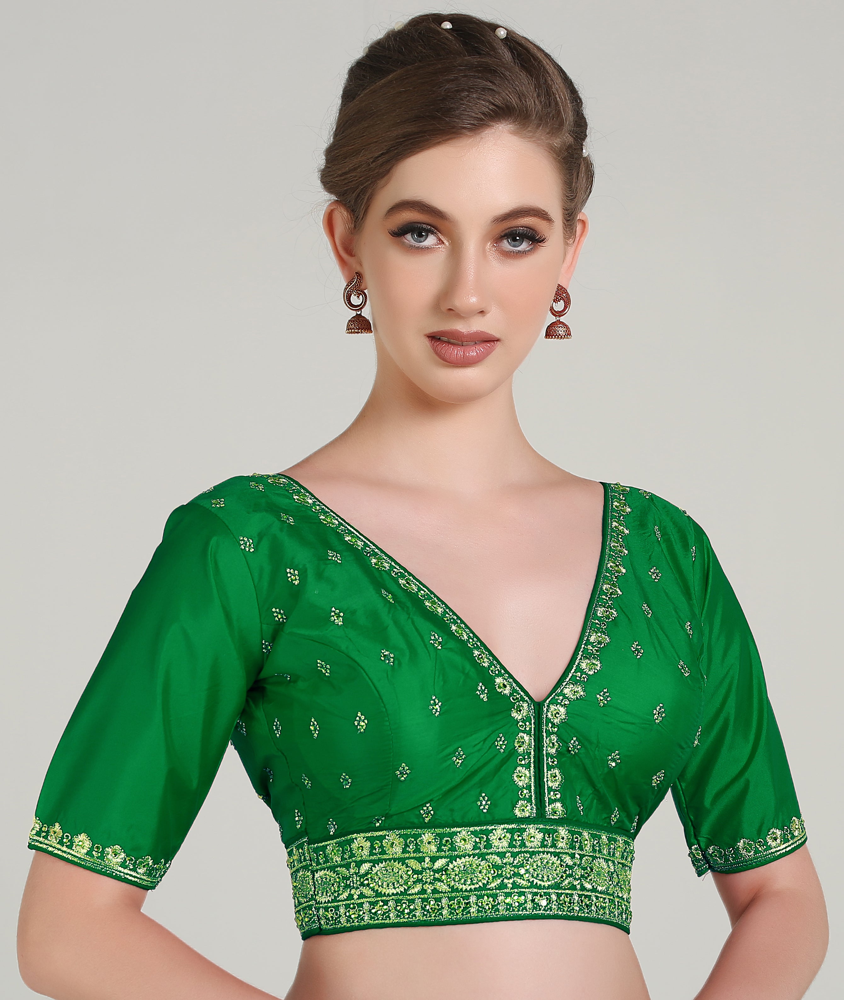 Pujia Mills Woman Readymade Blouse Ethnic wear deep V Neck Classic butti Designer Saree Blouse Half Sleeve Dark Color Blouse Online Embroidery zari Work with Diamond Work Border Blouse