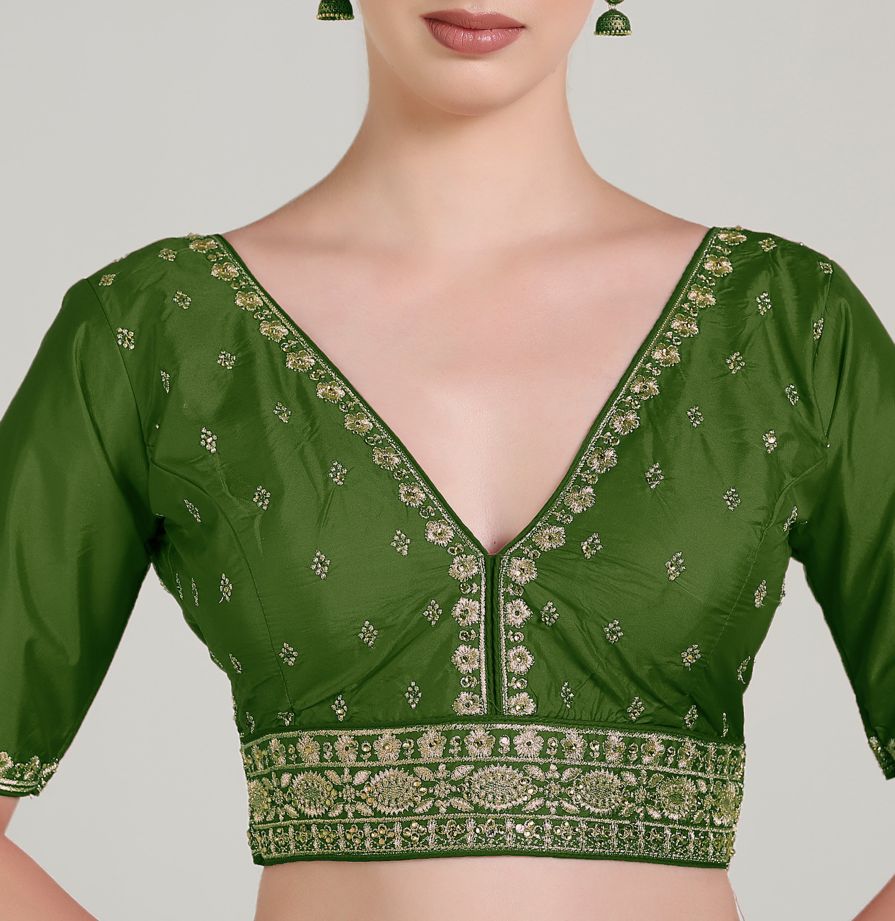 Pujia Mills Woman Readymade Blouse Ethnic wear deep V Neck Classic butti Designer Saree Blouse Half Sleeve Dark Color Blouse Online Embroidery zari Work with Diamond Work Border Blouse