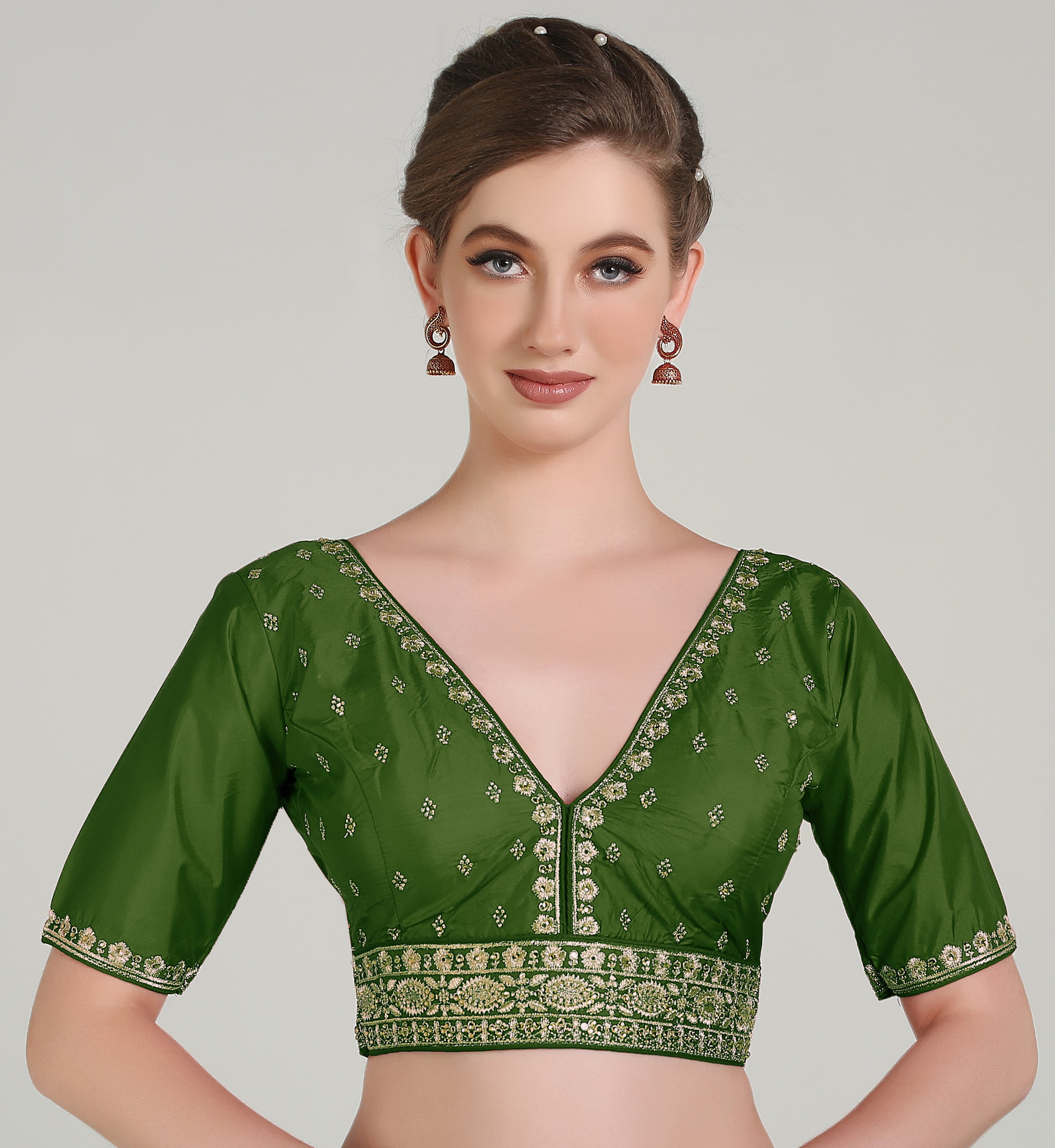 Pujia Mills Woman Readymade Blouse Ethnic wear deep V Neck Classic butti Designer Saree Blouse Half Sleeve Dark Color Blouse Online Embroidery zari Work with Diamond Work Border Blouse