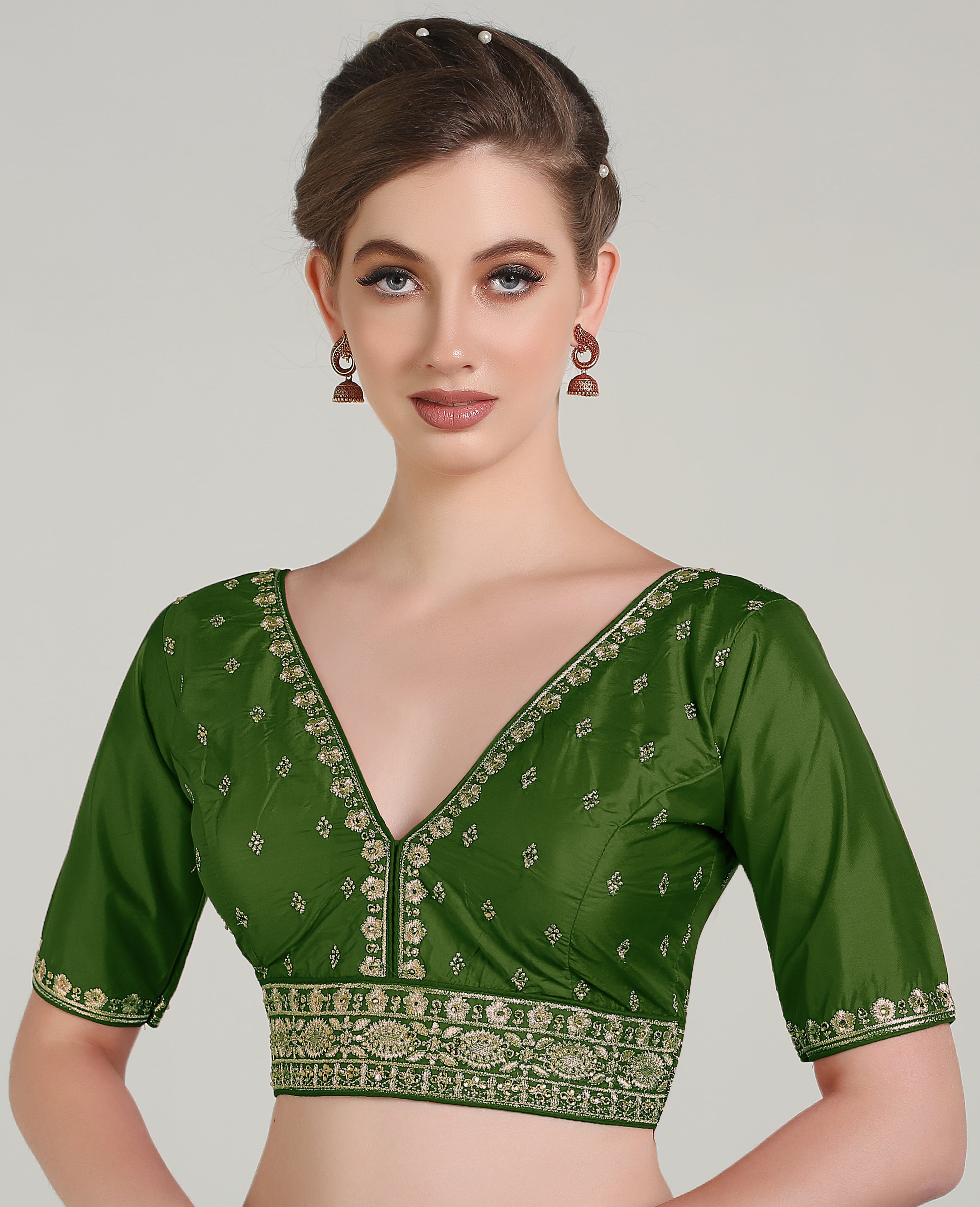 Pujia Mills Woman Readymade Blouse Ethnic wear deep V Neck Classic butti Designer Saree Blouse Half Sleeve Dark Color Blouse Online Embroidery zari Work with Diamond Work Border Blouse