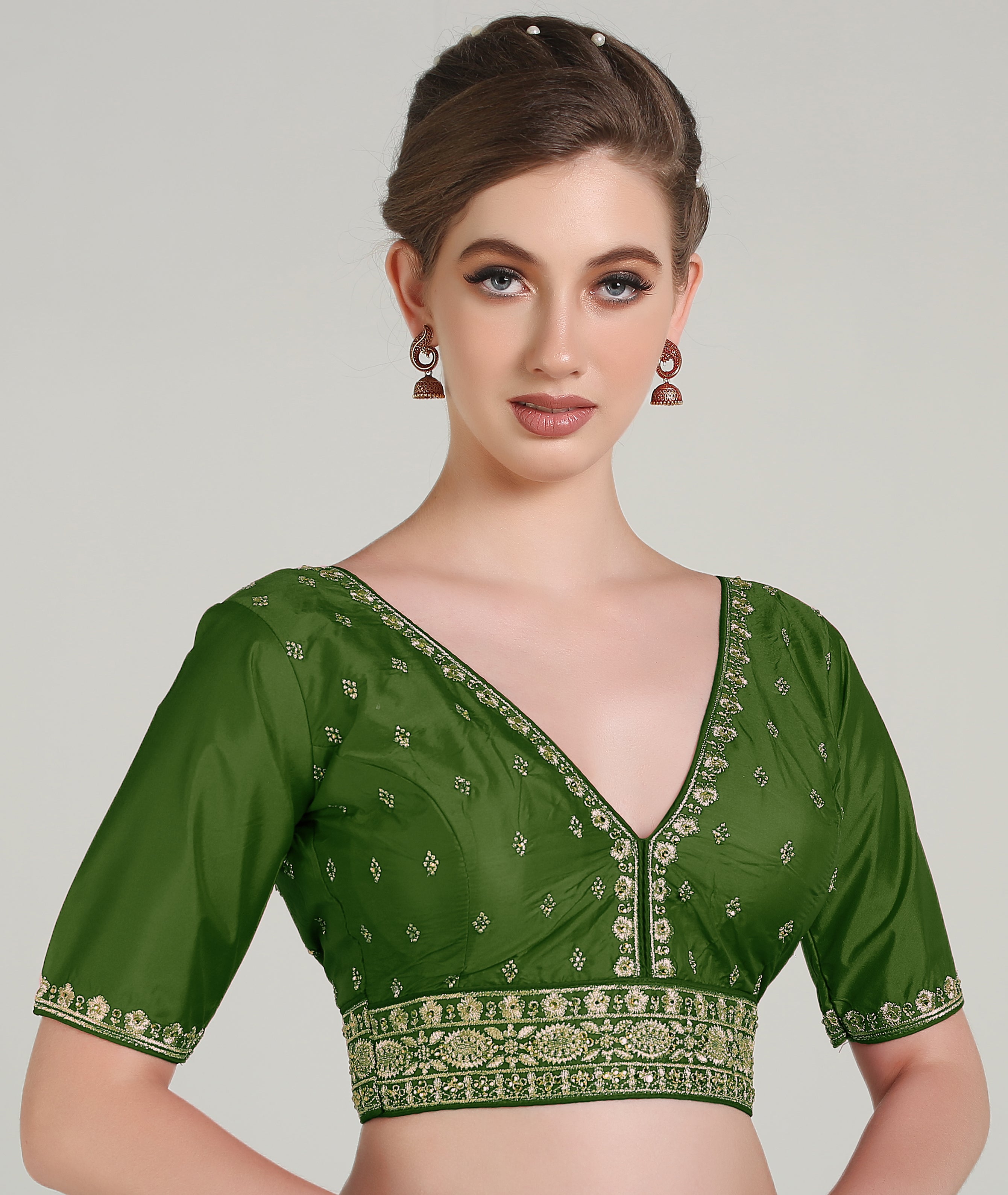 Pujia Mills Woman Readymade Blouse Ethnic wear deep V Neck Classic butti Designer Saree Blouse Half Sleeve Dark Color Blouse Online Embroidery zari Work with Diamond Work Border Blouse
