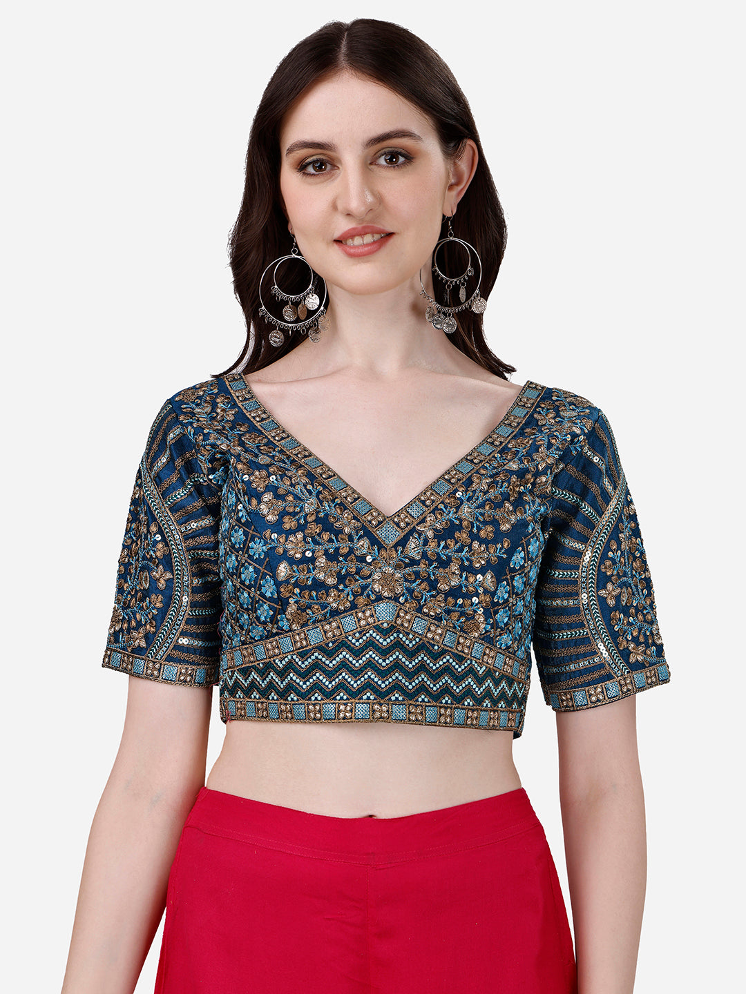PUJIA MILLS DESIGNER BLOUSE READYMADE BRIDAL BLOUSE AARI WORK FOR WOMEN V NECK MATKA BACK HALF SLEEVE BLOUSE