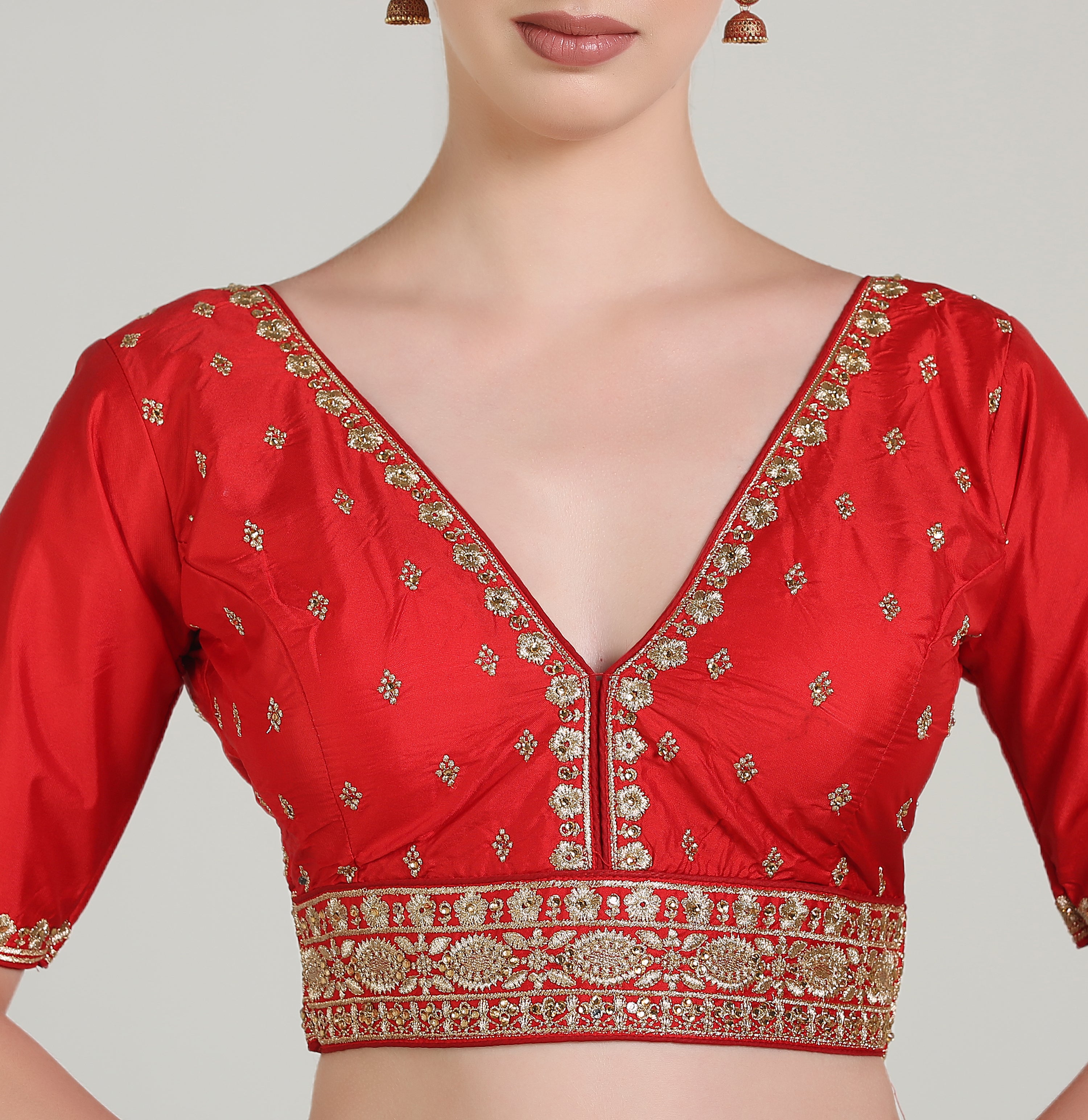 Pujia Mills Woman Readymade Blouse Ethnic wear deep V Neck Classic butti Designer Saree Blouse Half Sleeve Dark Color Blouse Online Embroidery zari Work with Diamond Work Border Blouse