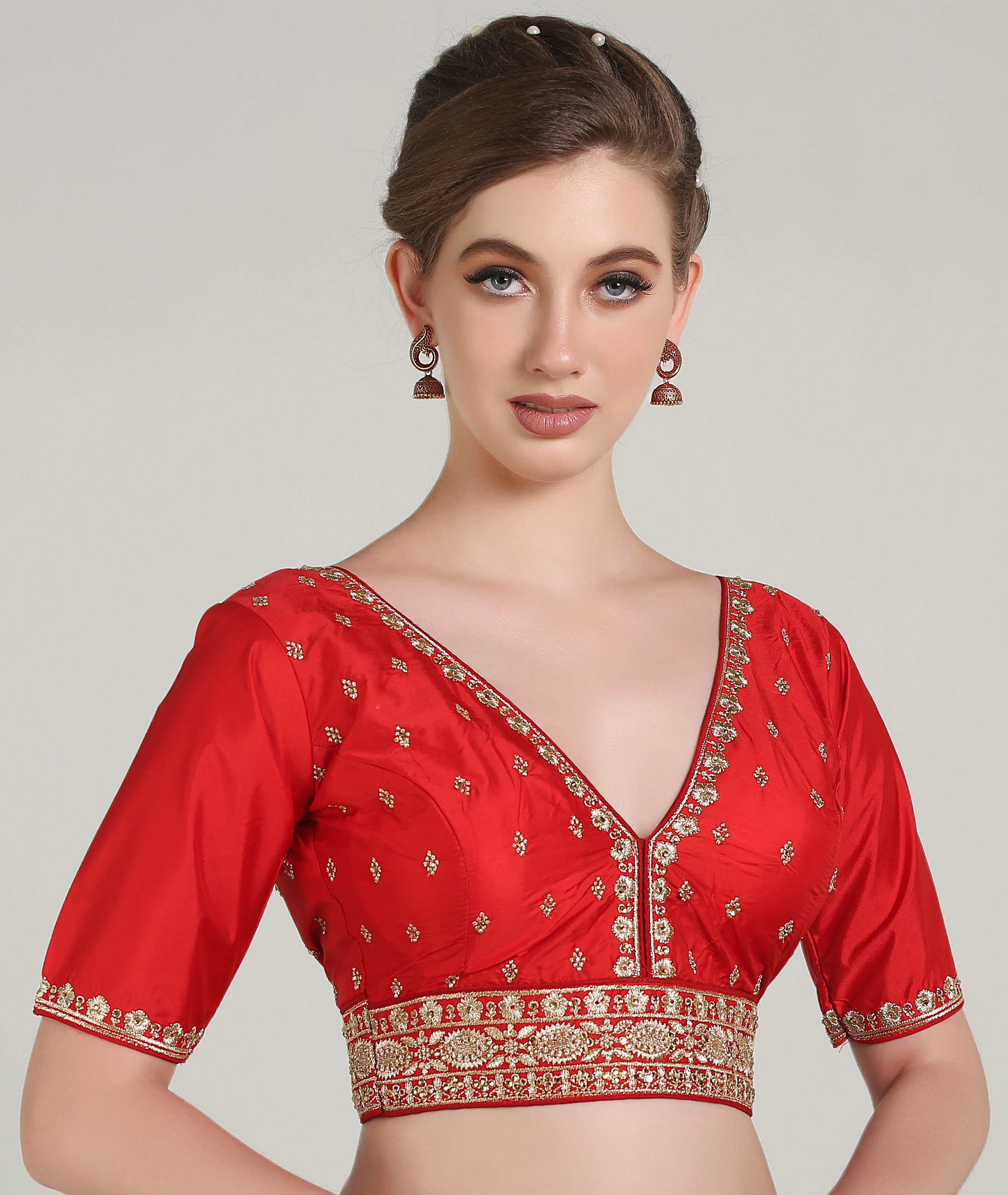 Pujia Mills Woman Readymade Blouse Ethnic wear deep V Neck Classic butti Designer Saree Blouse Half Sleeve Dark Color Blouse Online Embroidery zari Work with Diamond Work Border Blouse