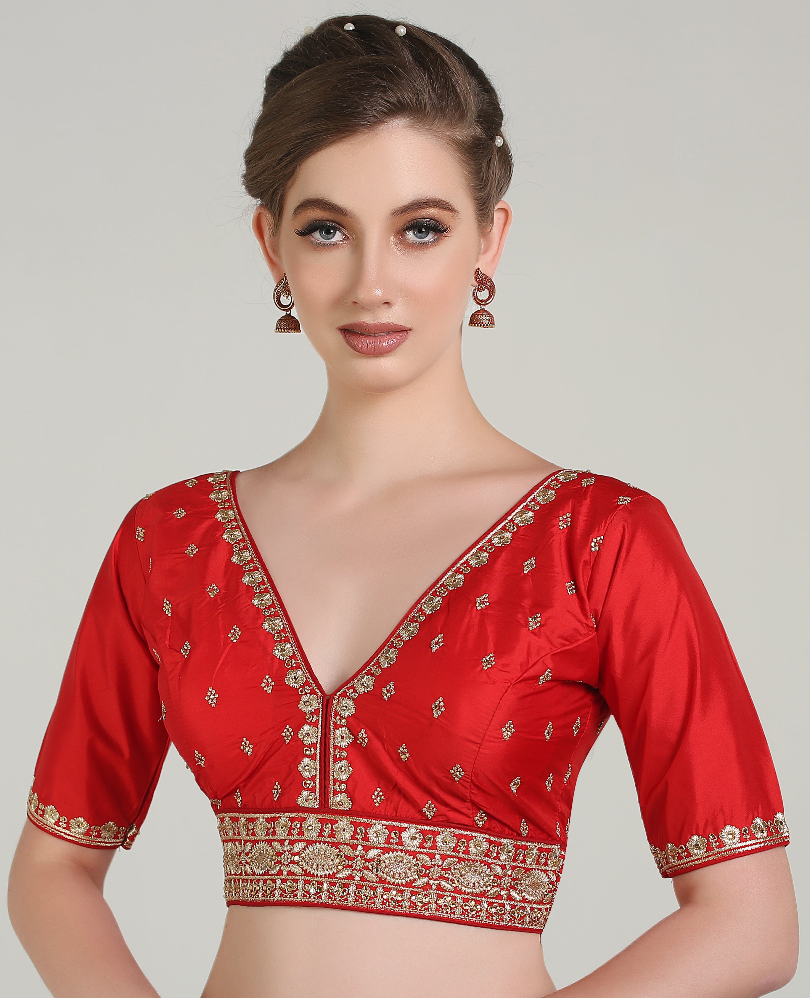 Pujia Mills Woman Readymade Blouse Ethnic wear deep V Neck Classic butti Designer Saree Blouse Half Sleeve Dark Color Blouse Online Embroidery zari Work with Diamond Work Border Blouse