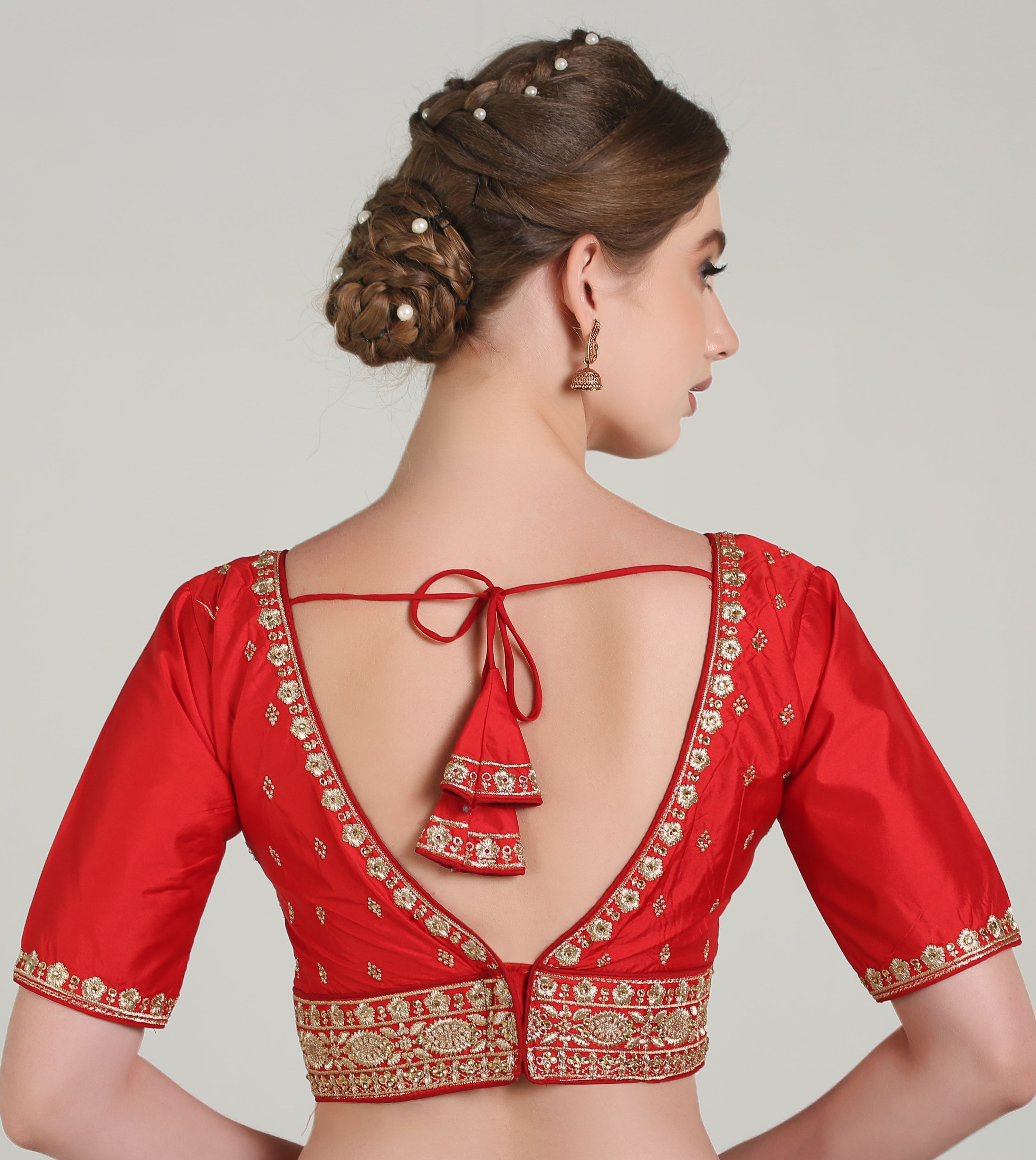 Pujia Mills Woman Readymade Blouse Ethnic wear deep V Neck Classic butti Designer Saree Blouse Half Sleeve Dark Color Blouse Online Embroidery zari Work with Diamond Work Border Blouse
