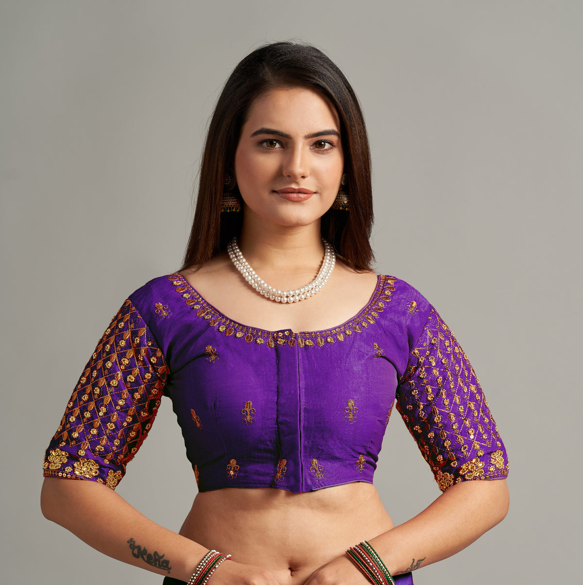 Pujia Mills Women's Readymade Bridal Embroidery Blouse Heavy Phantom Silk Trendy Embroidery Maggam Khatali Work Half Sleeve Saree Blouse for Women for Saree Lehenga Choli