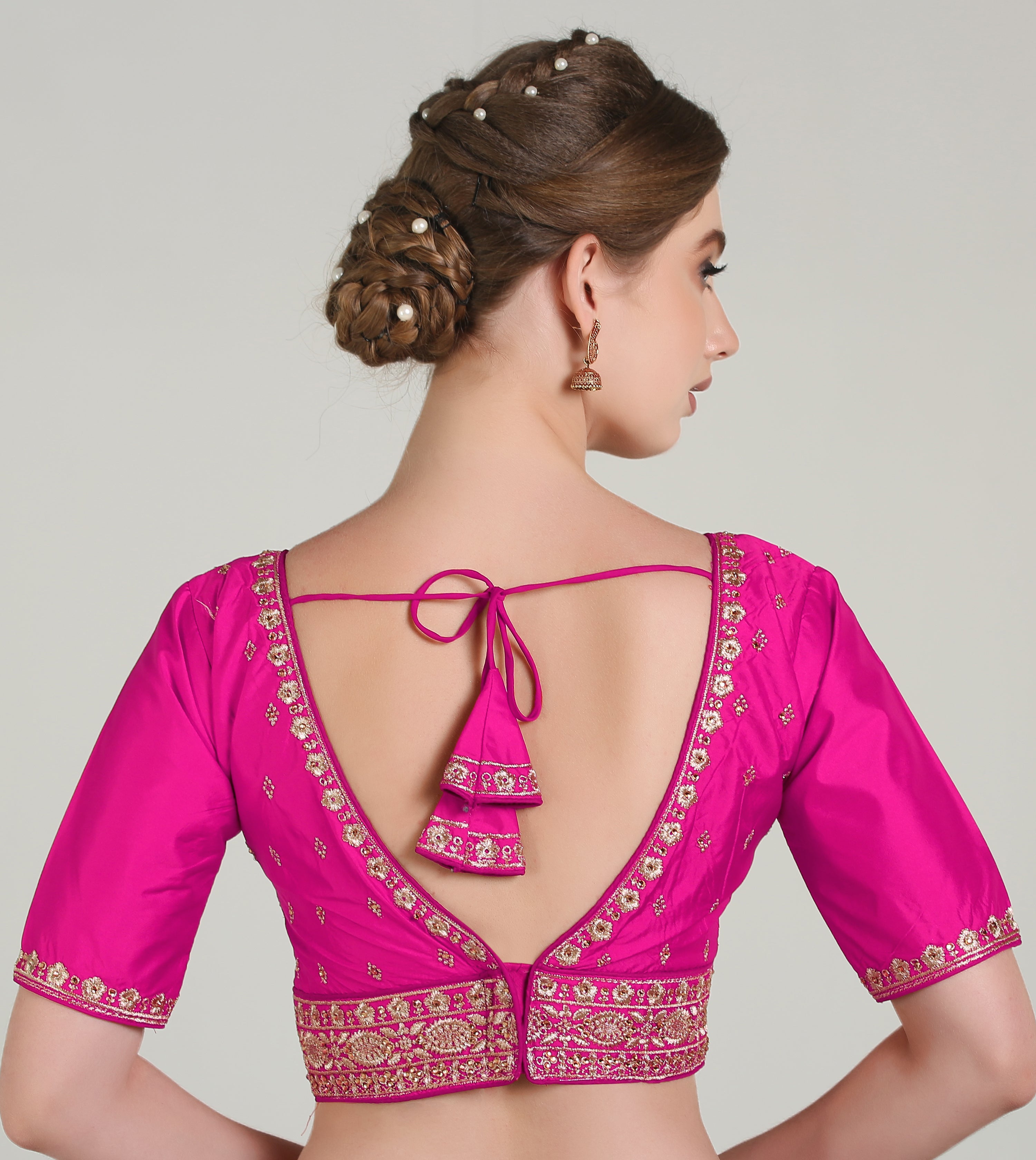 Pujia Mills Woman Readymade Blouse Ethnic wear deep V Neck Classic butti Designer Saree Blouse Half Sleeve Dark Color Blouse Online Embroidery zari Work with Diamond Work Border Blouse