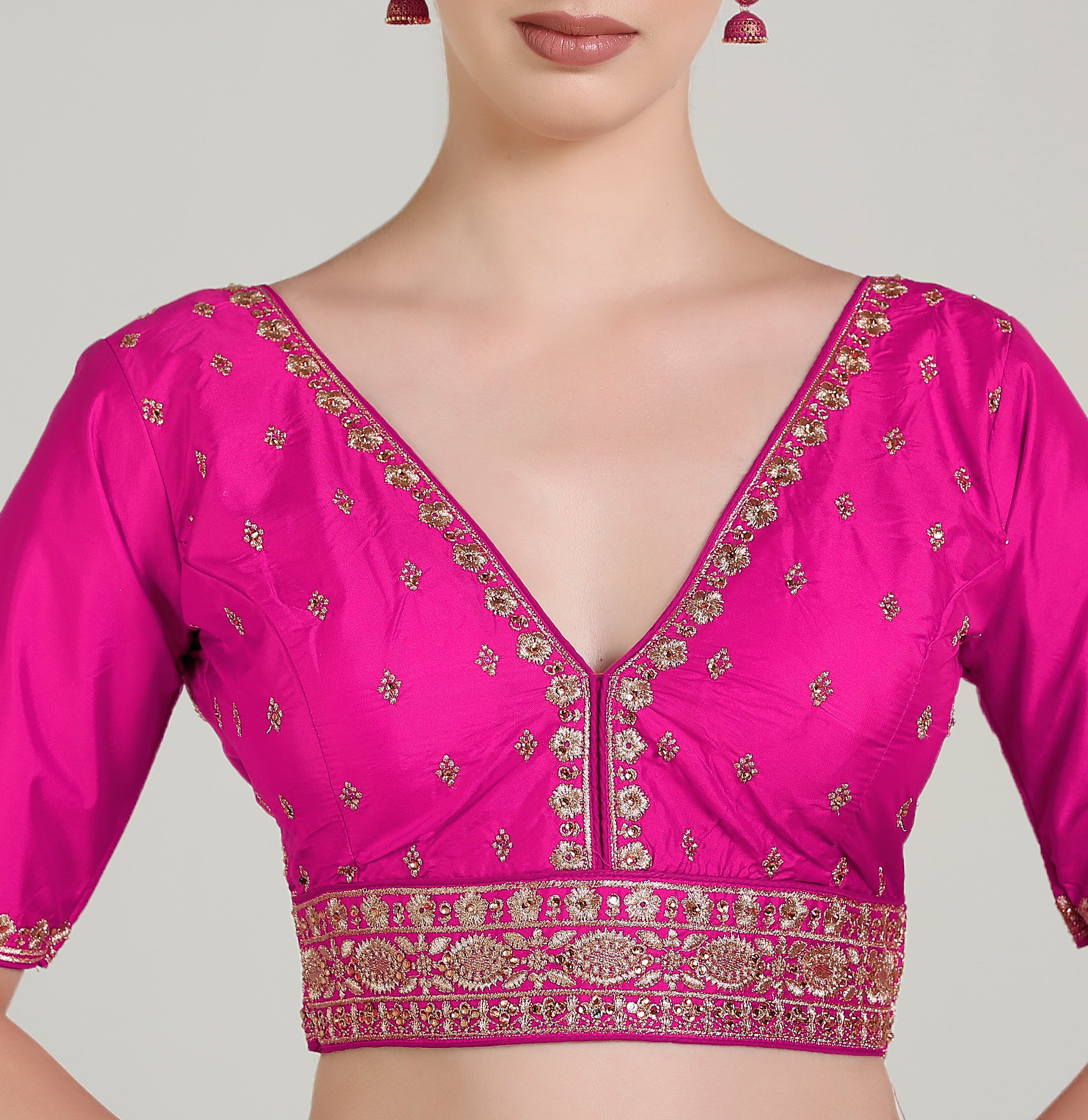 Pujia Mills Woman Readymade Blouse Ethnic wear deep V Neck Classic butti Designer Saree Blouse Half Sleeve Dark Color Blouse Online Embroidery zari Work with Diamond Work Border Blouse