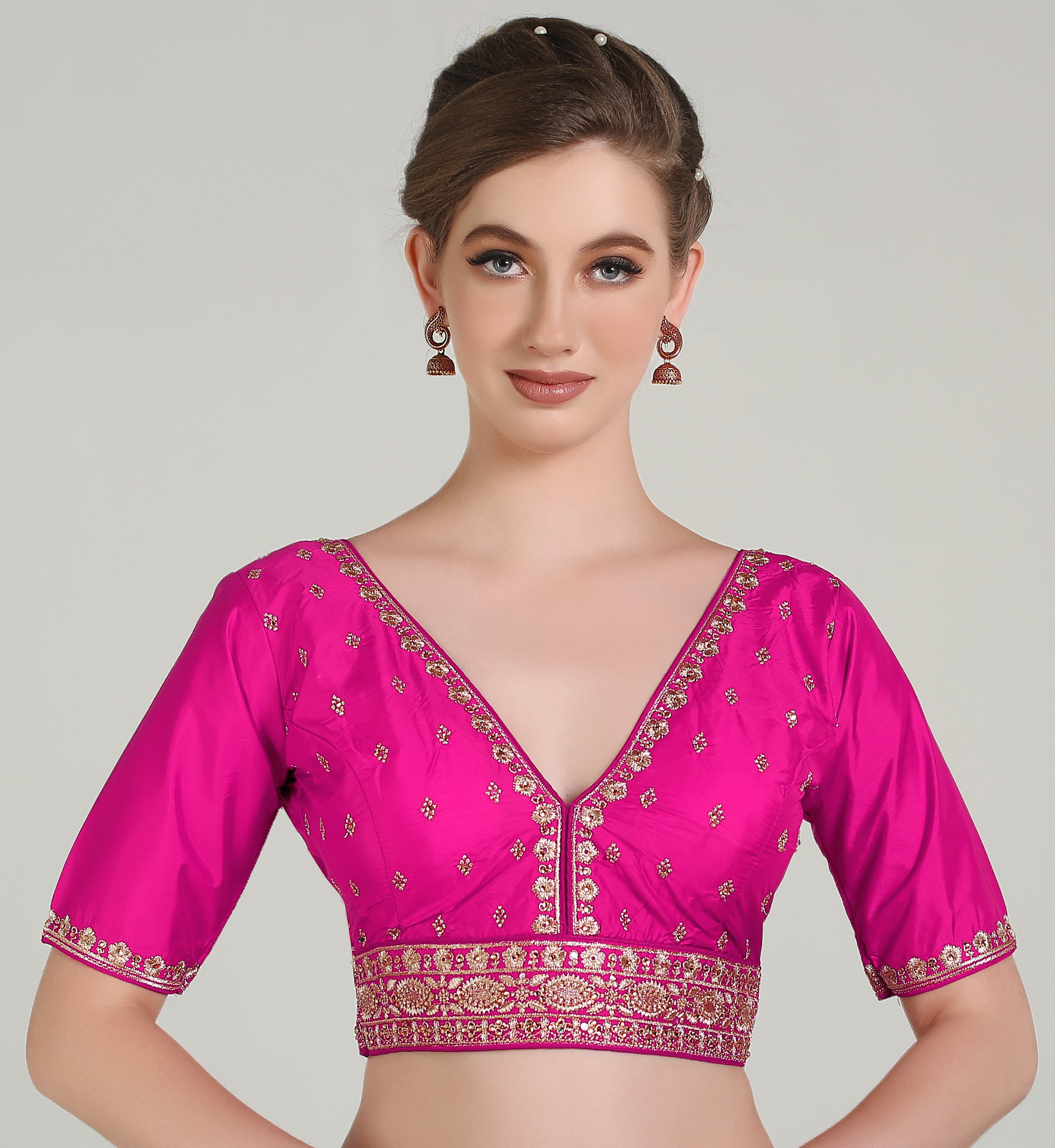 Pujia Mills Woman Readymade Blouse Ethnic wear deep V Neck Classic butti Designer Saree Blouse Half Sleeve Dark Color Blouse Online Embroidery zari Work with Diamond Work Border Blouse