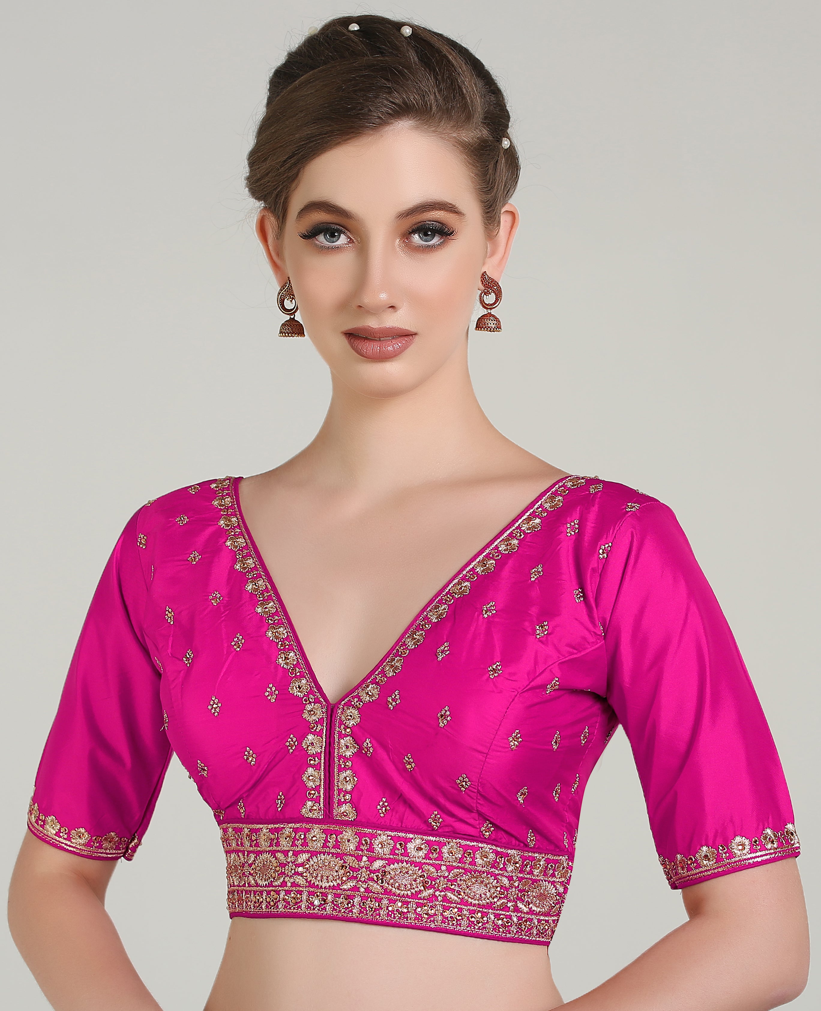 Pujia Mills Woman Readymade Blouse Ethnic wear deep V Neck Classic butti Designer Saree Blouse Half Sleeve Dark Color Blouse Online Embroidery zari Work with Diamond Work Border Blouse