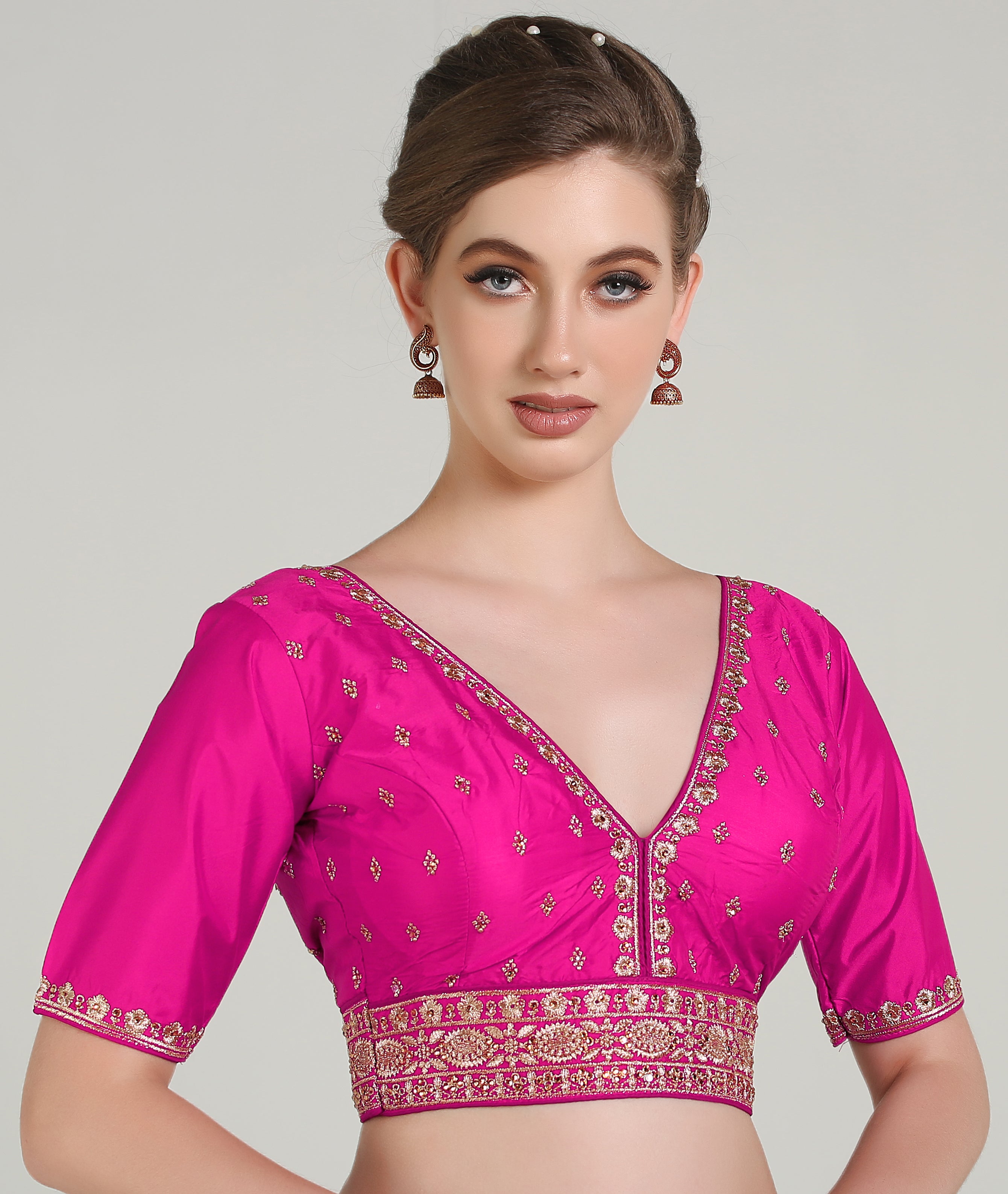 Pujia Mills Woman Readymade Blouse Ethnic wear deep V Neck Classic butti Designer Saree Blouse Half Sleeve Dark Color Blouse Online Embroidery zari Work with Diamond Work Border Blouse