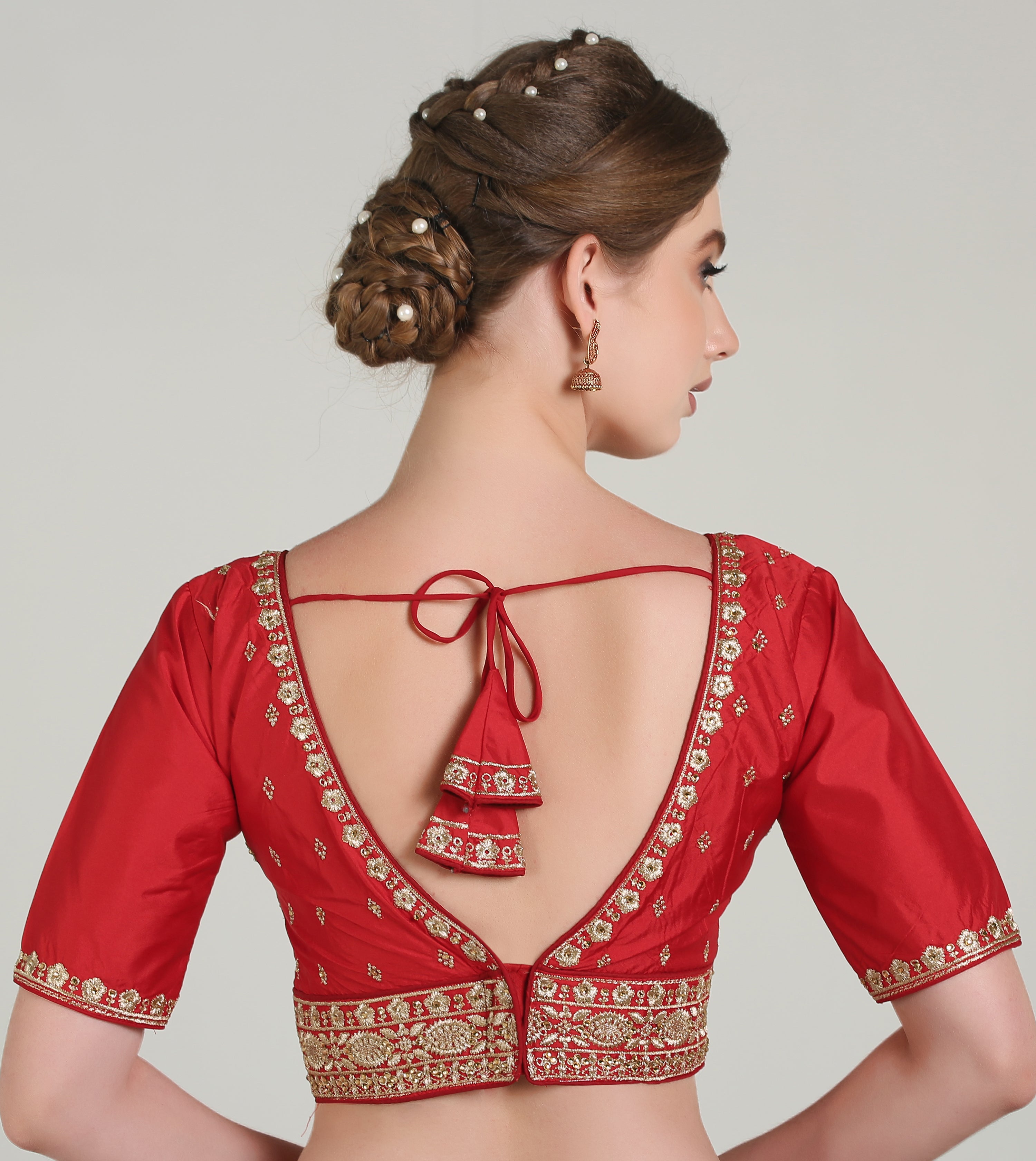 Pujia Mills Woman Readymade Blouse Ethnic wear deep V Neck Classic butti Designer Saree Blouse Half Sleeve Dark Color Blouse Online Embroidery zari Work with Diamond Work Border Blouse