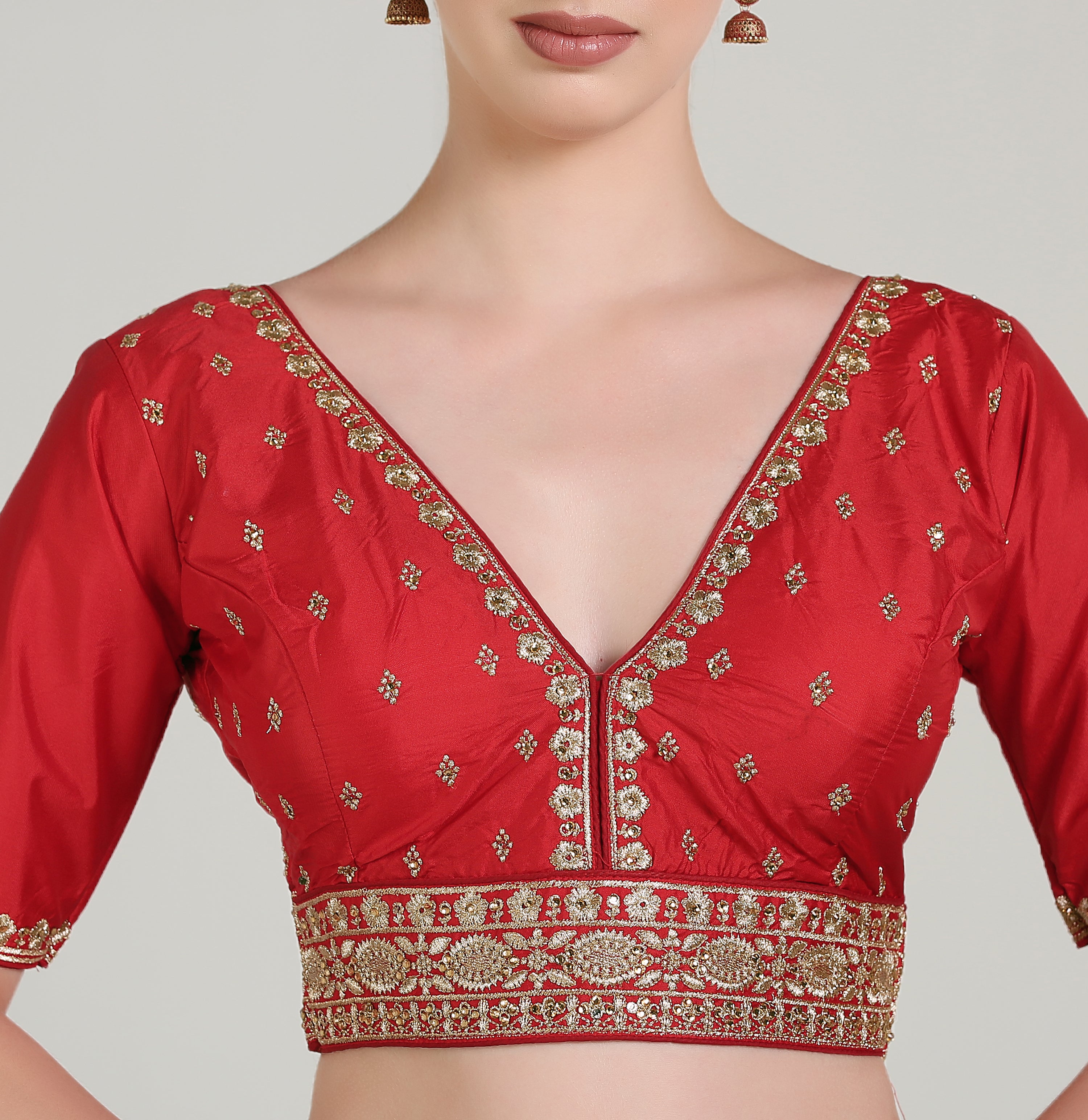Pujia Mills Woman Readymade Blouse Ethnic wear deep V Neck Classic butti Designer Saree Blouse Half Sleeve Dark Color Blouse Online Embroidery zari Work with Diamond Work Border Blouse
