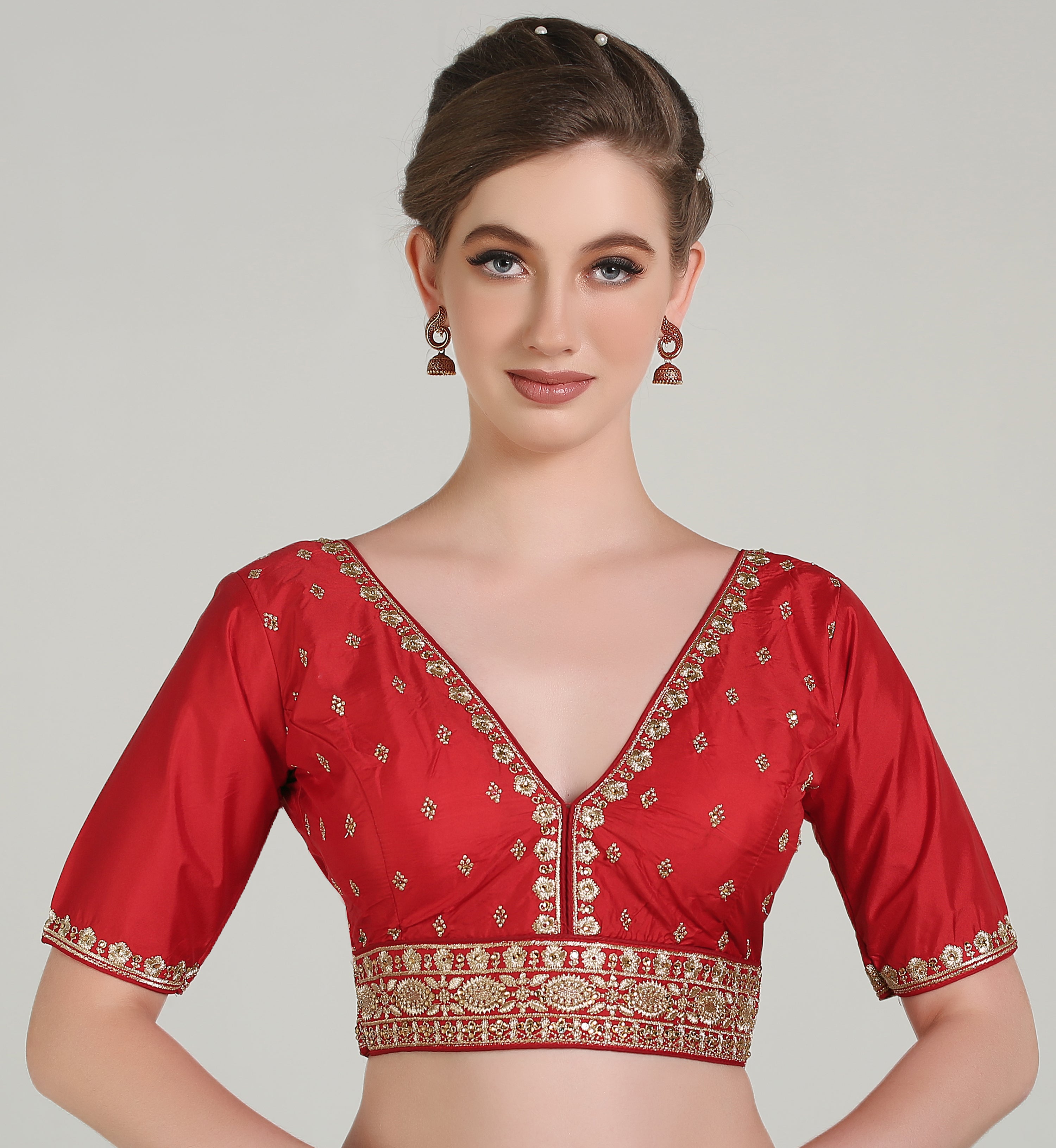 Pujia Mills Woman Readymade Blouse Ethnic wear deep V Neck Classic butti Designer Saree Blouse Half Sleeve Dark Color Blouse Online Embroidery zari Work with Diamond Work Border Blouse