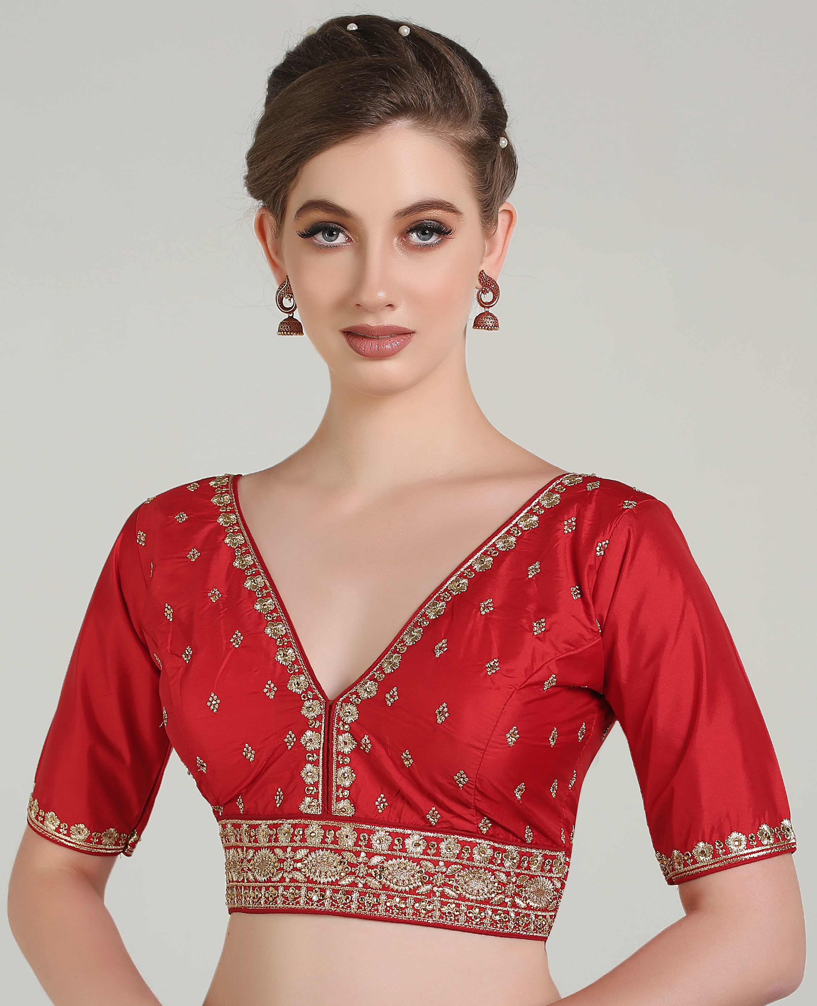 Pujia Mills Woman Readymade Blouse Ethnic wear deep V Neck Classic butti Designer Saree Blouse Half Sleeve Dark Color Blouse Online Embroidery zari Work with Diamond Work Border Blouse