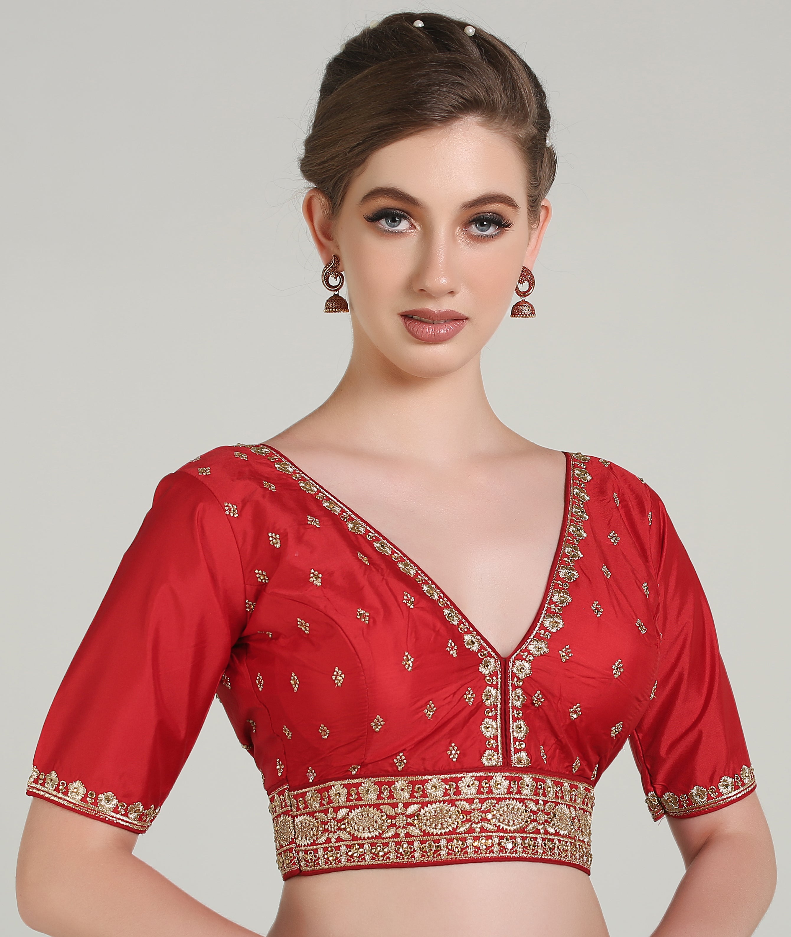Pujia Mills Woman Readymade Blouse Ethnic wear deep V Neck Classic butti Designer Saree Blouse Half Sleeve Dark Color Blouse Online Embroidery zari Work with Diamond Work Border Blouse