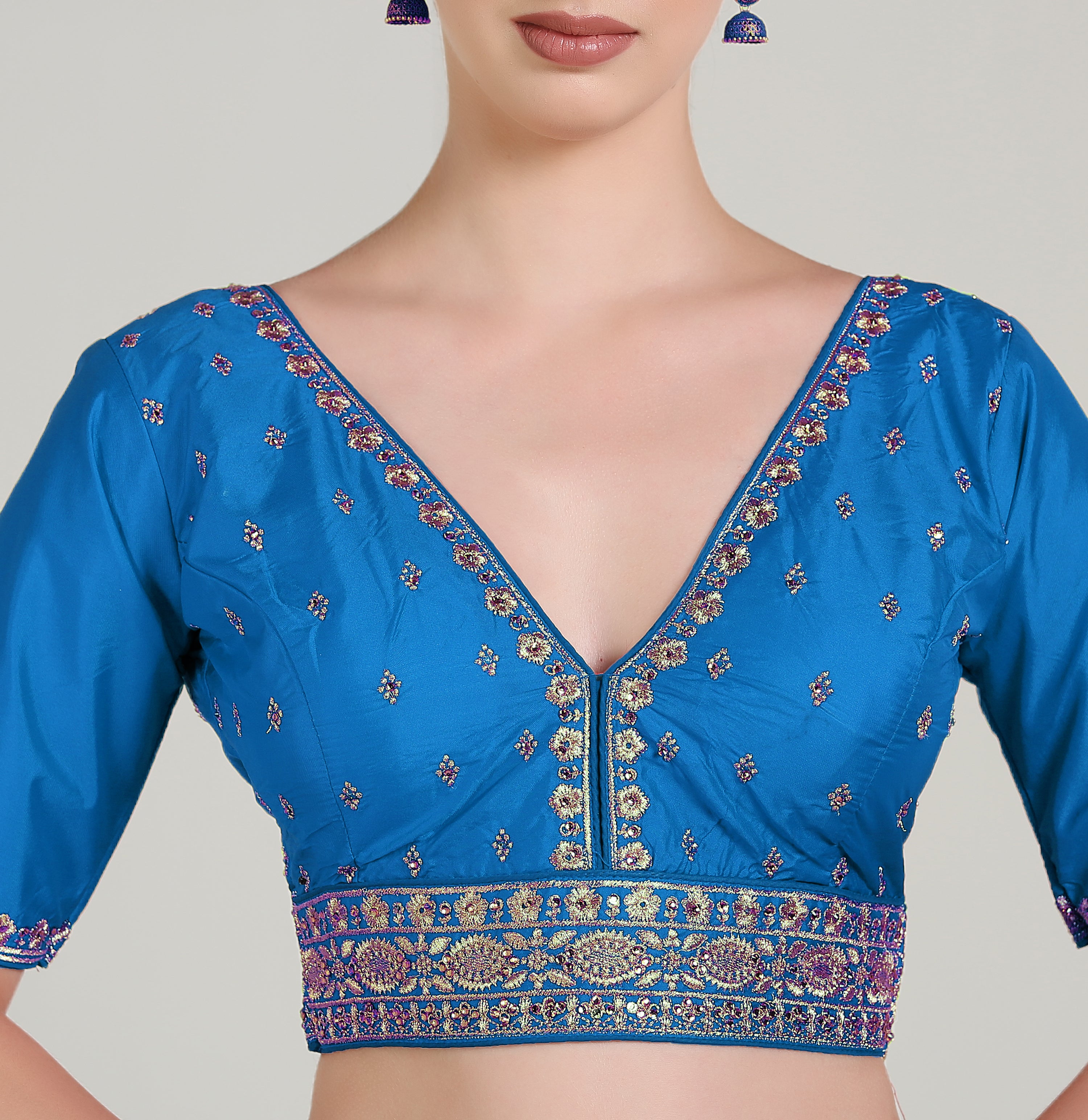 Pujia Mills Woman Readymade Blouse Ethnic wear deep V Neck Classic butti Designer Saree Blouse Half Sleeve Dark Color Blouse Online Embroidery zari Work with Diamond Work Border Blouse