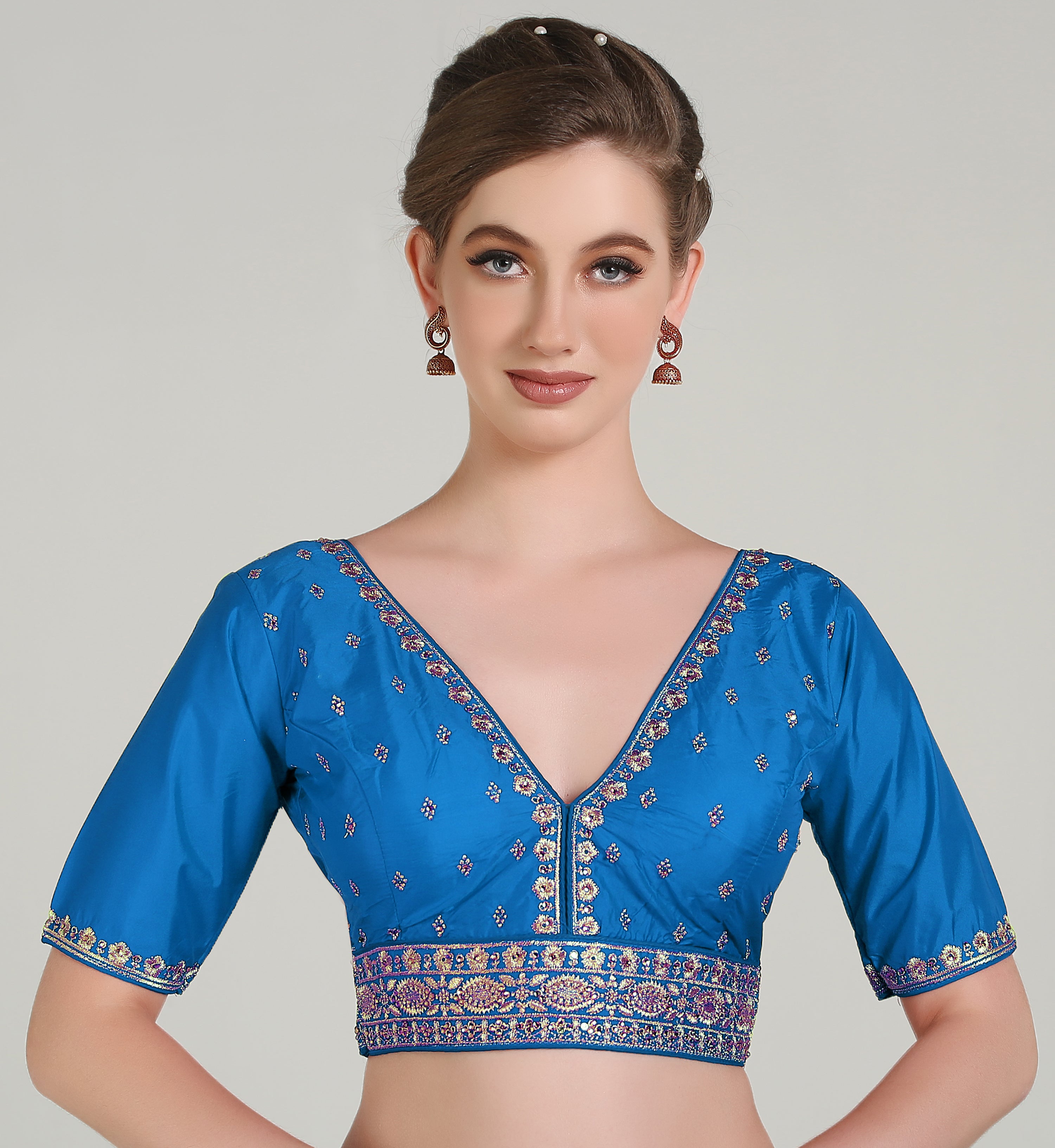 Pujia Mills Woman Readymade Blouse Ethnic wear deep V Neck Classic butti Designer Saree Blouse Half Sleeve Dark Color Blouse Online Embroidery zari Work with Diamond Work Border Blouse