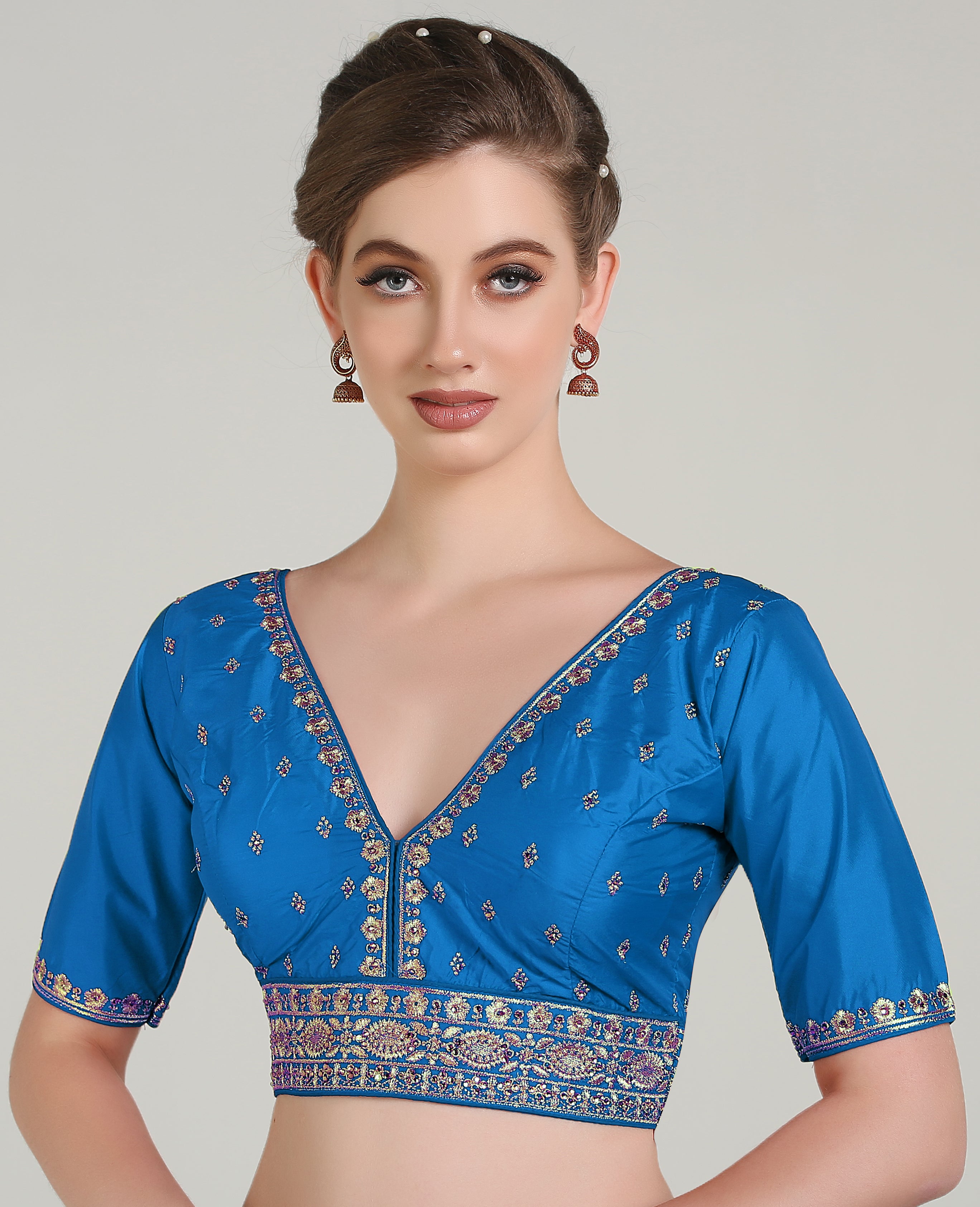 Pujia Mills Woman Readymade Blouse Ethnic wear deep V Neck Classic butti Designer Saree Blouse Half Sleeve Dark Color Blouse Online Embroidery zari Work with Diamond Work Border Blouse