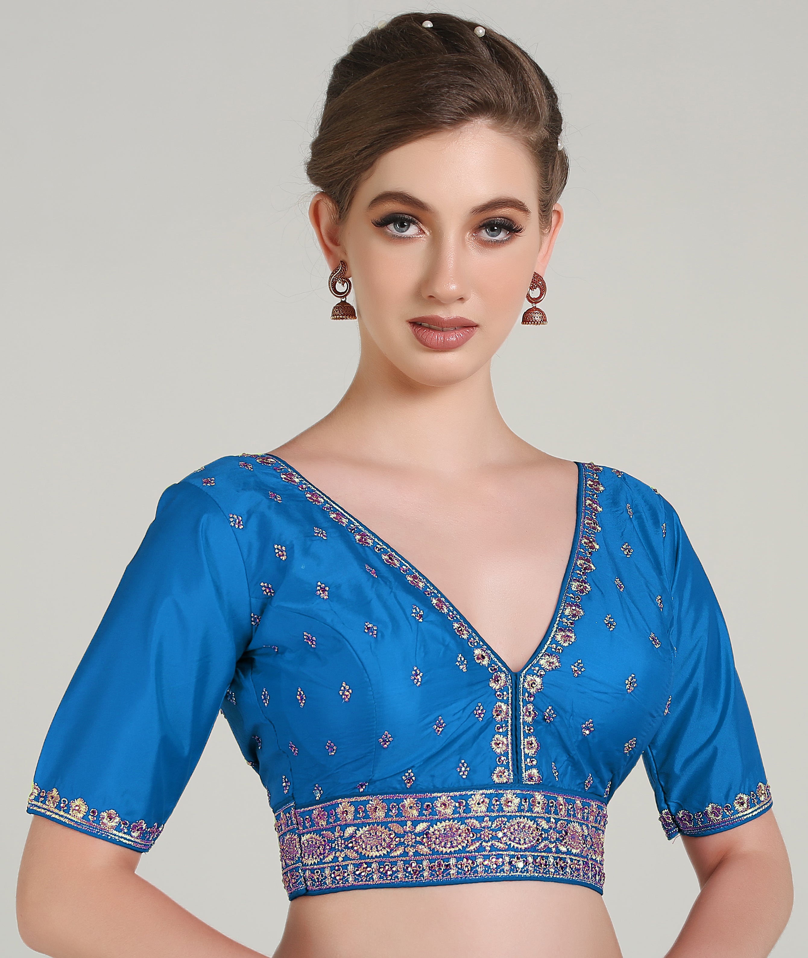 Pujia Mills Woman Readymade Blouse Ethnic wear deep V Neck Classic butti Designer Saree Blouse Half Sleeve Dark Color Blouse Online Embroidery zari Work with Diamond Work Border Blouse