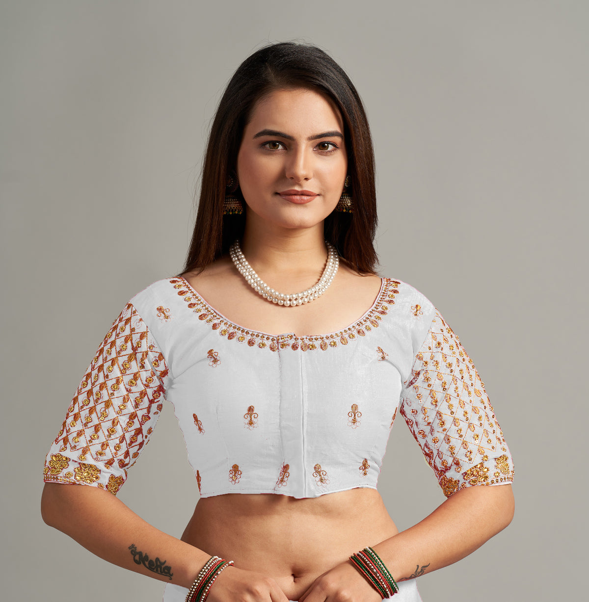 Pujia Mills Women's Readymade Bridal Embroidery Blouse Heavy Phantom Silk Trendy Embroidery Maggam Khatali Work Half Sleeve Saree Blouse for Women for Saree Lehenga Choli