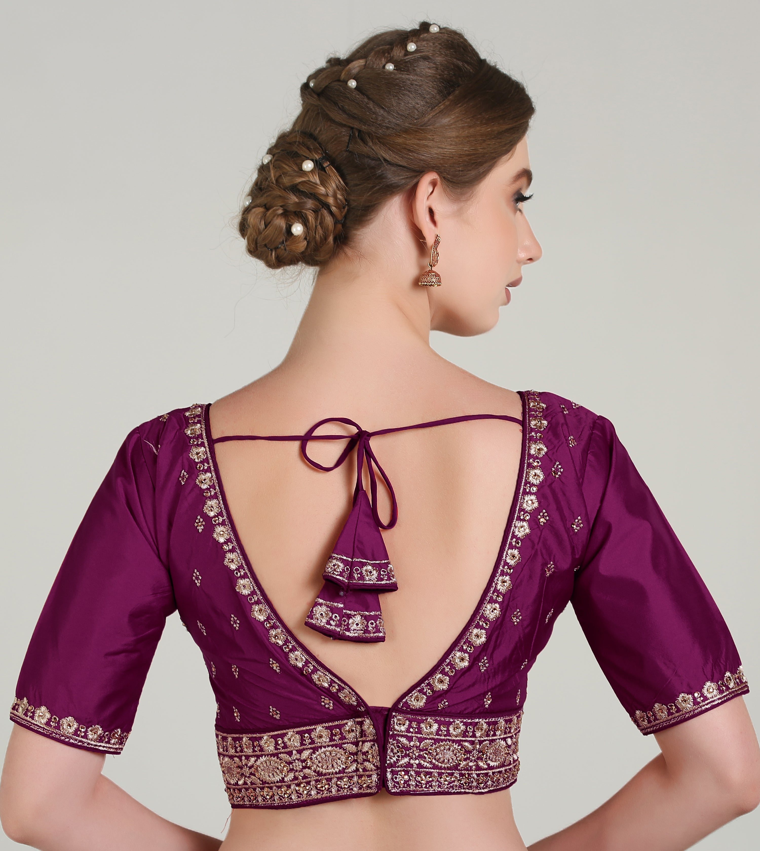 Pujia Mills Woman Readymade Blouse Ethnic wear deep V Neck Classic butti Designer Saree Blouse Half Sleeve Dark Color Blouse Online Embroidery zari Work with Diamond Work Border Blouse