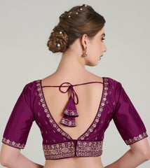 Pujia Mills Woman Readymade Blouse Ethnic wear deep V Neck Classic butti Designer Saree Blouse Half Sleeve Dark Color Blouse Online Embroidery zari Work with Diamond Work Border Blouse