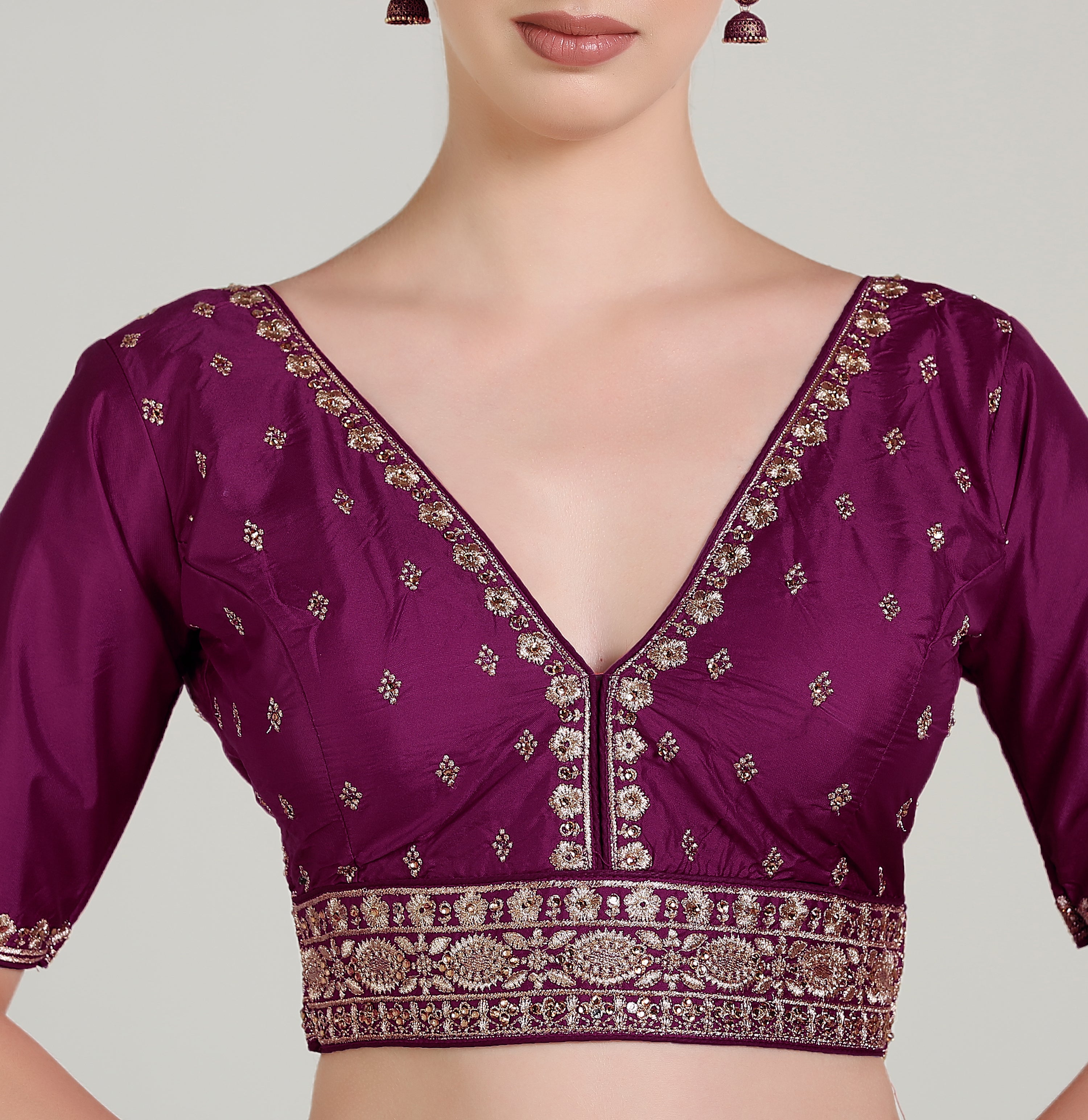 Pujia Mills Woman Readymade Blouse Ethnic wear deep V Neck Classic butti Designer Saree Blouse Half Sleeve Dark Color Blouse Online Embroidery zari Work with Diamond Work Border Blouse