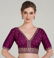 Pujia Mills Woman Readymade Blouse Ethnic wear deep V Neck Classic butti Designer Saree Blouse Half Sleeve Dark Color Blouse Online Embroidery zari Work with Diamond Work Border Blouse