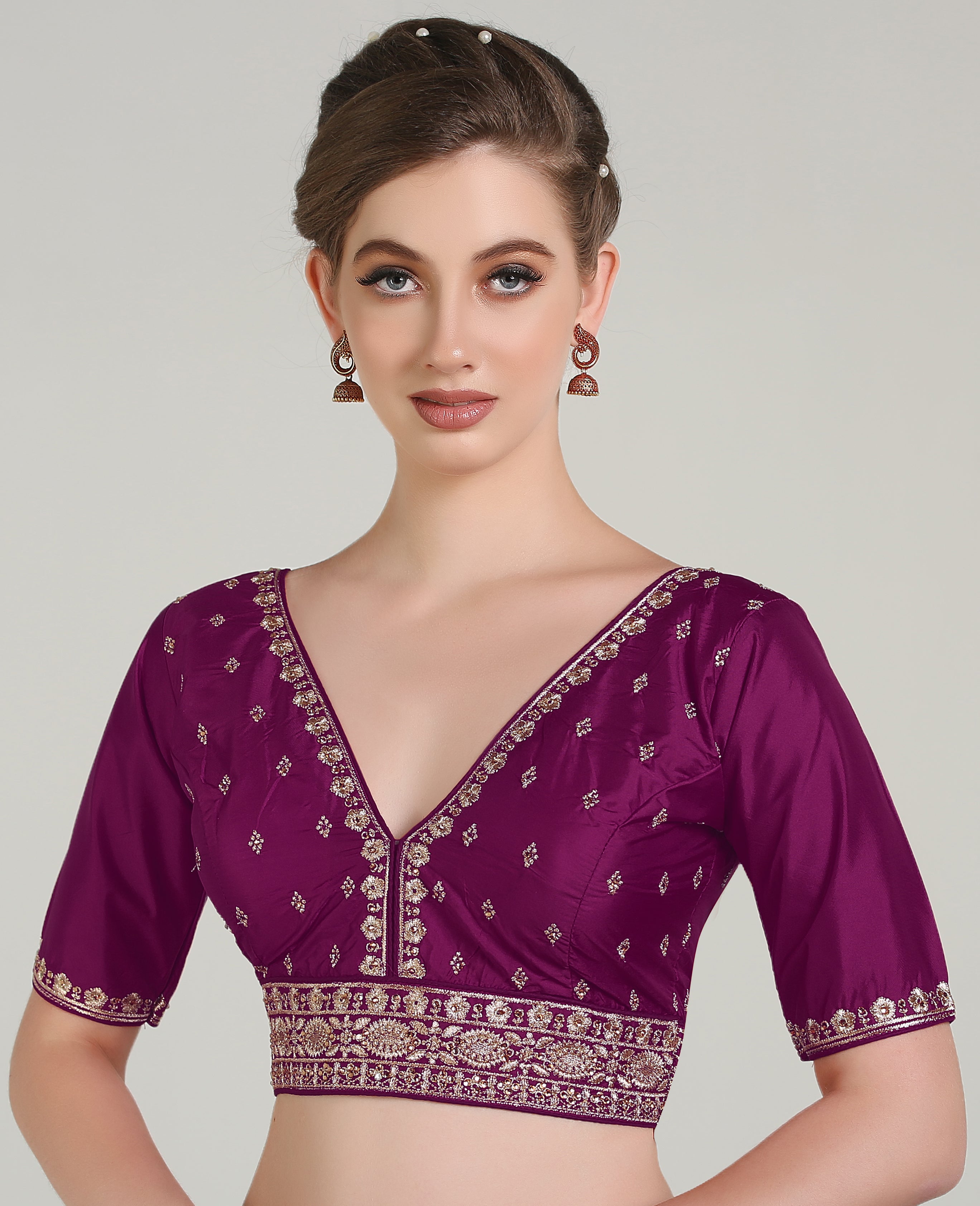 Pujia Mills Woman Readymade Blouse Ethnic wear deep V Neck Classic butti Designer Saree Blouse Half Sleeve Dark Color Blouse Online Embroidery zari Work with Diamond Work Border Blouse