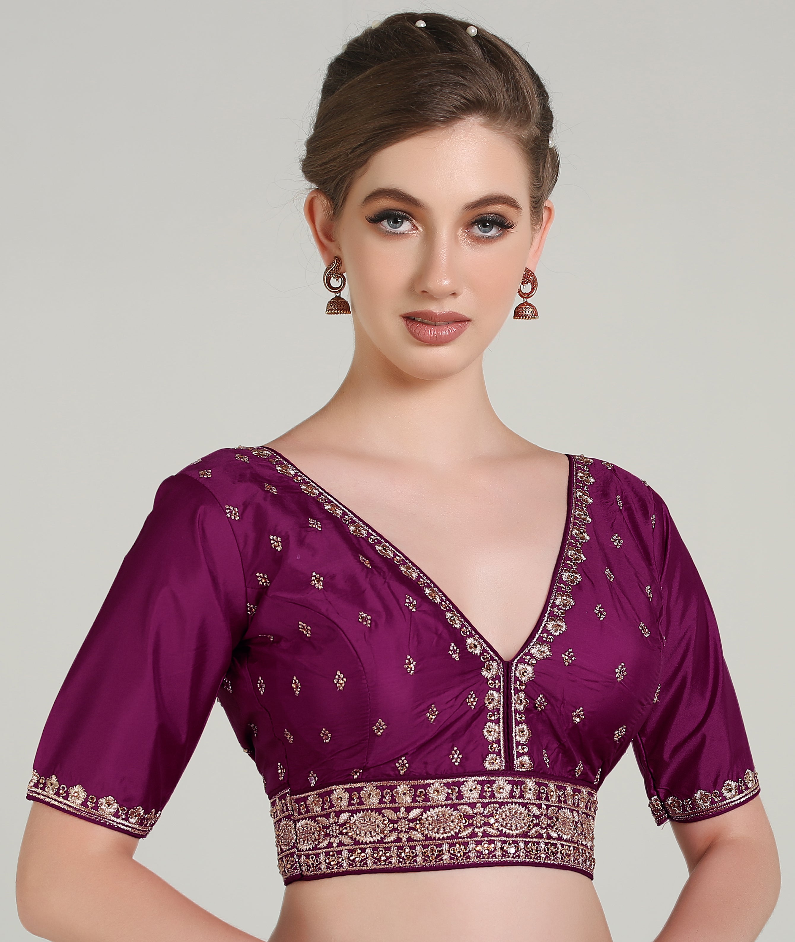 Pujia Mills Woman Readymade Blouse Ethnic wear deep V Neck Classic butti Designer Saree Blouse Half Sleeve Dark Color Blouse Online Embroidery zari Work with Diamond Work Border Blouse