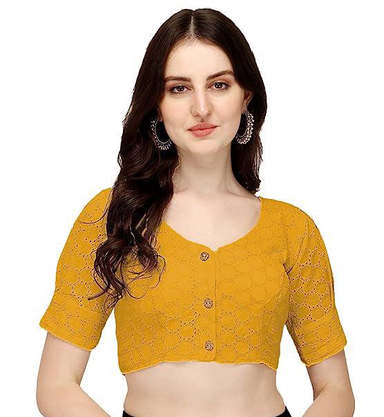 Pujia Mills Women's Cambridge Cotton Puff Sleeve Blouse Chikankari Emb