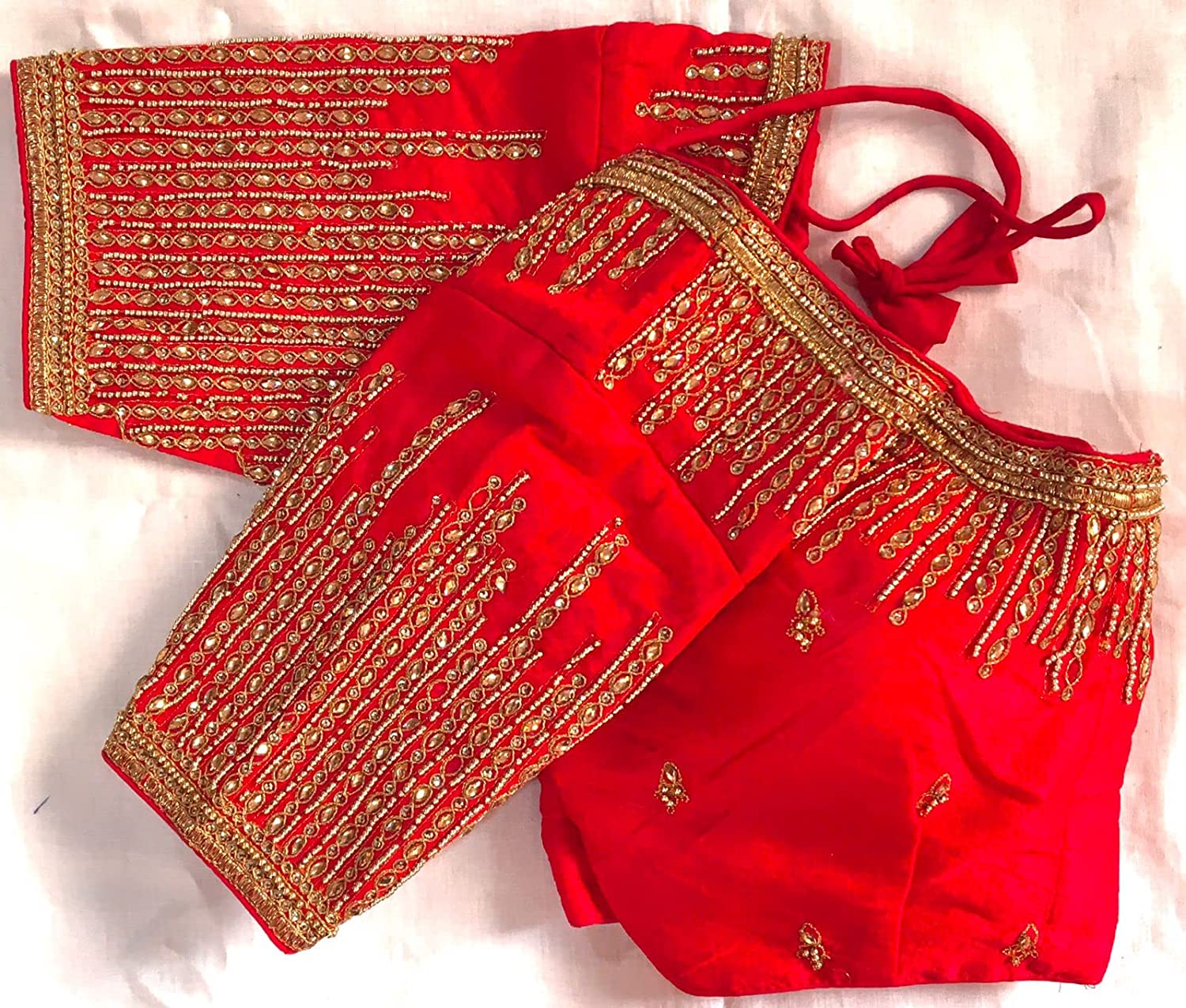 Pujia Mills Women's Silk Embroidery Maggam Khatli Work with Stone Work Readymade Blouse ( SuryaKiran )