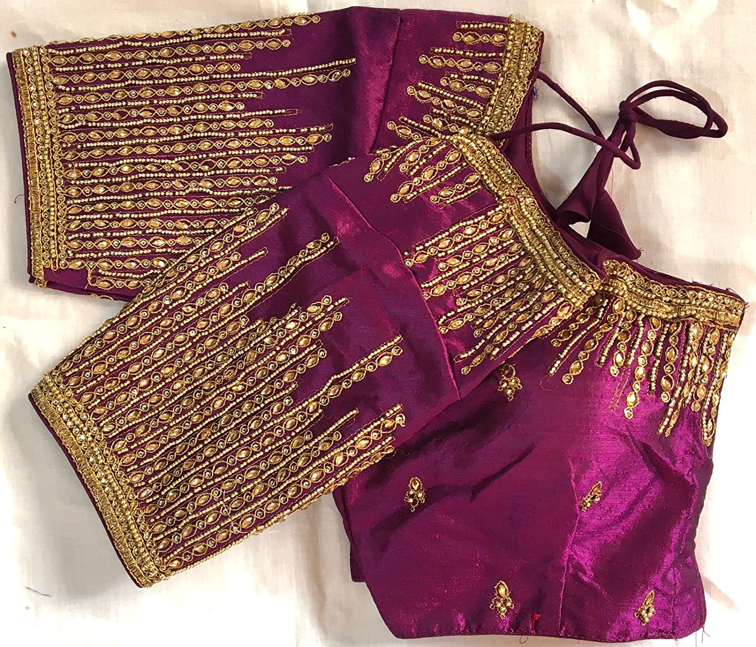 Pujia Mills Women's Silk Embroidery Maggam Khatli Work with Stone Work Readymade Blouse ( SuryaKiran )